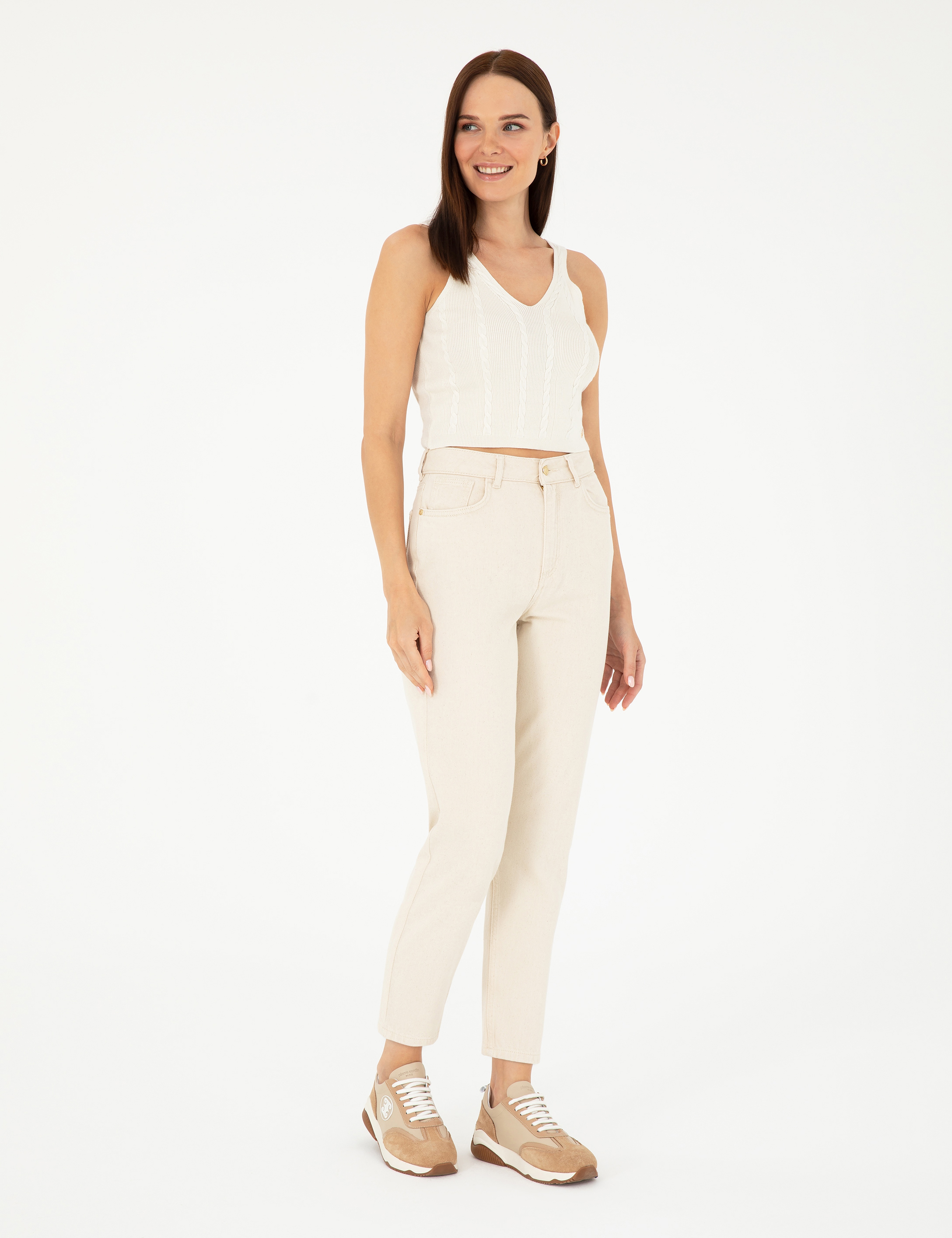 Bej Mom Fit Jean Pantolon