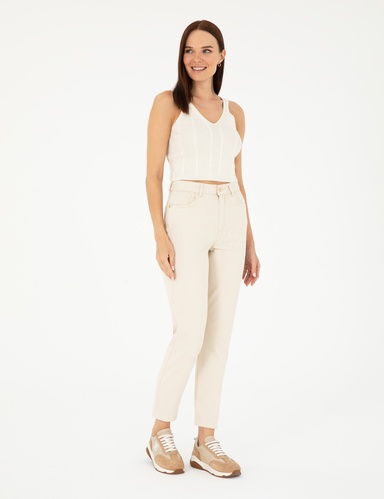 Bej Mom Fit Jean Pantolon