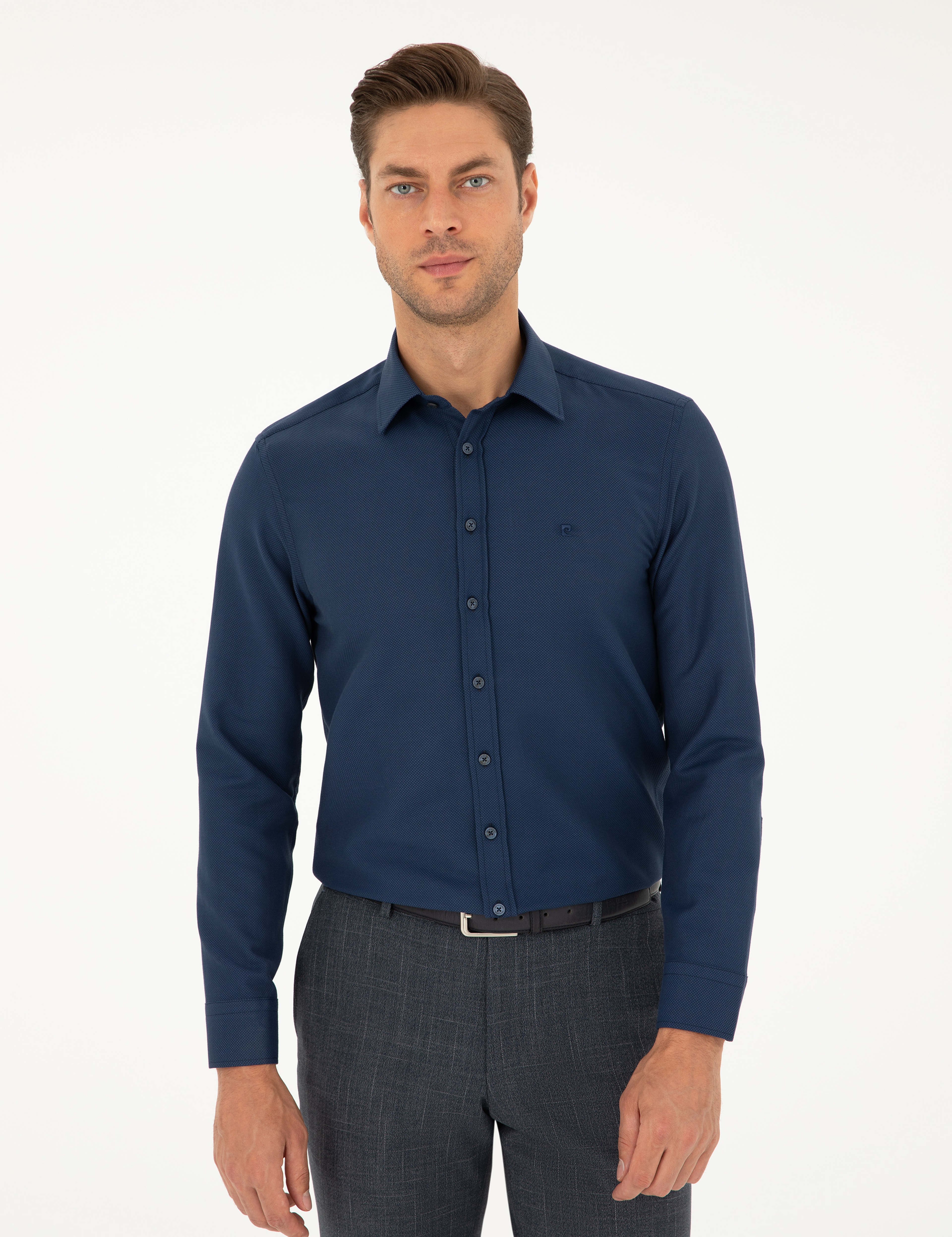 Lacivert Slim Fit Armürlü Uzun Kollu Gömlek - Image 3