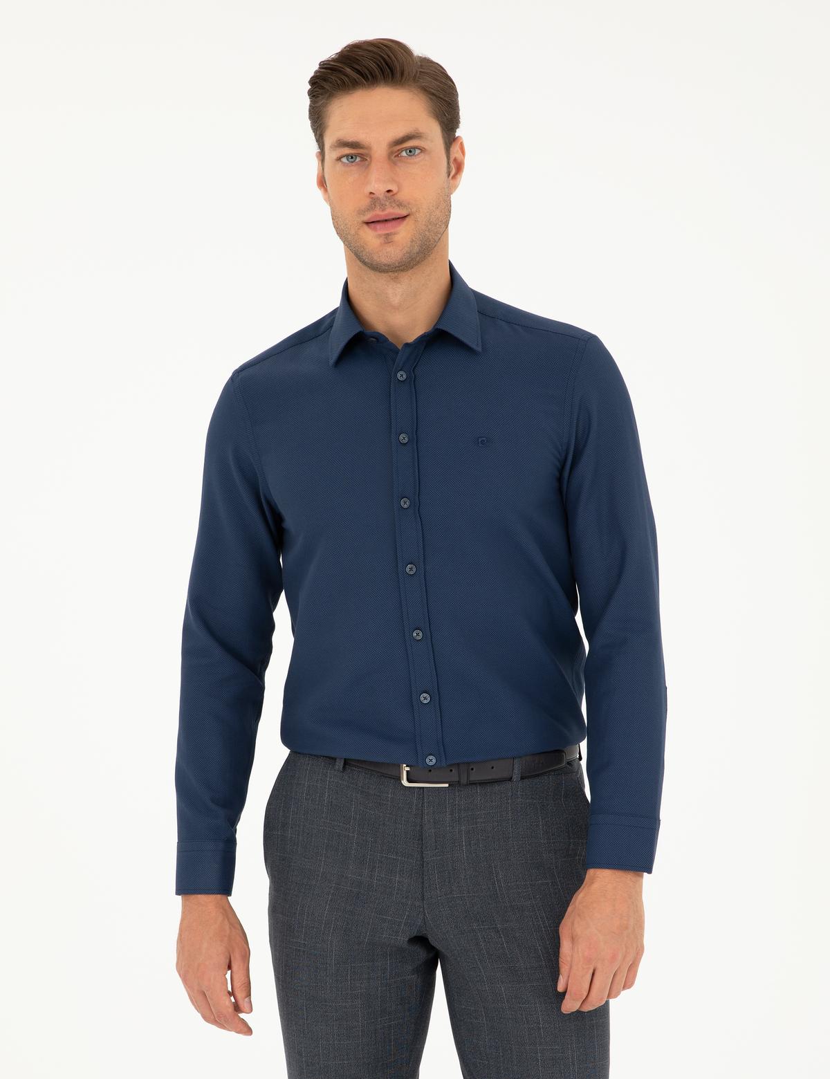 Lacivert Slim Fit Armürlü Uzun Kollu Gömlek