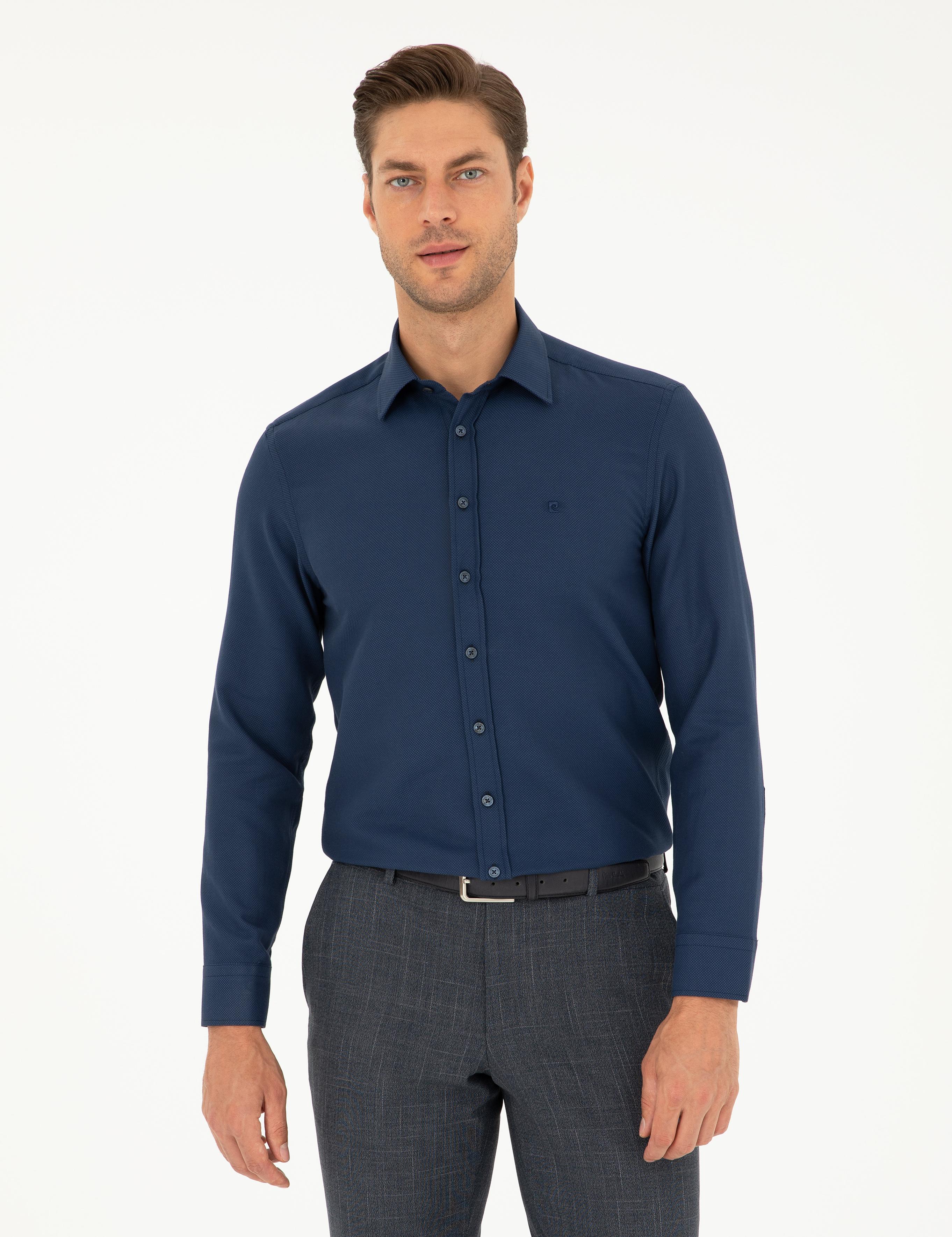 Lacivert Slim Fit Armürlü Uzun Kollu Gömlek