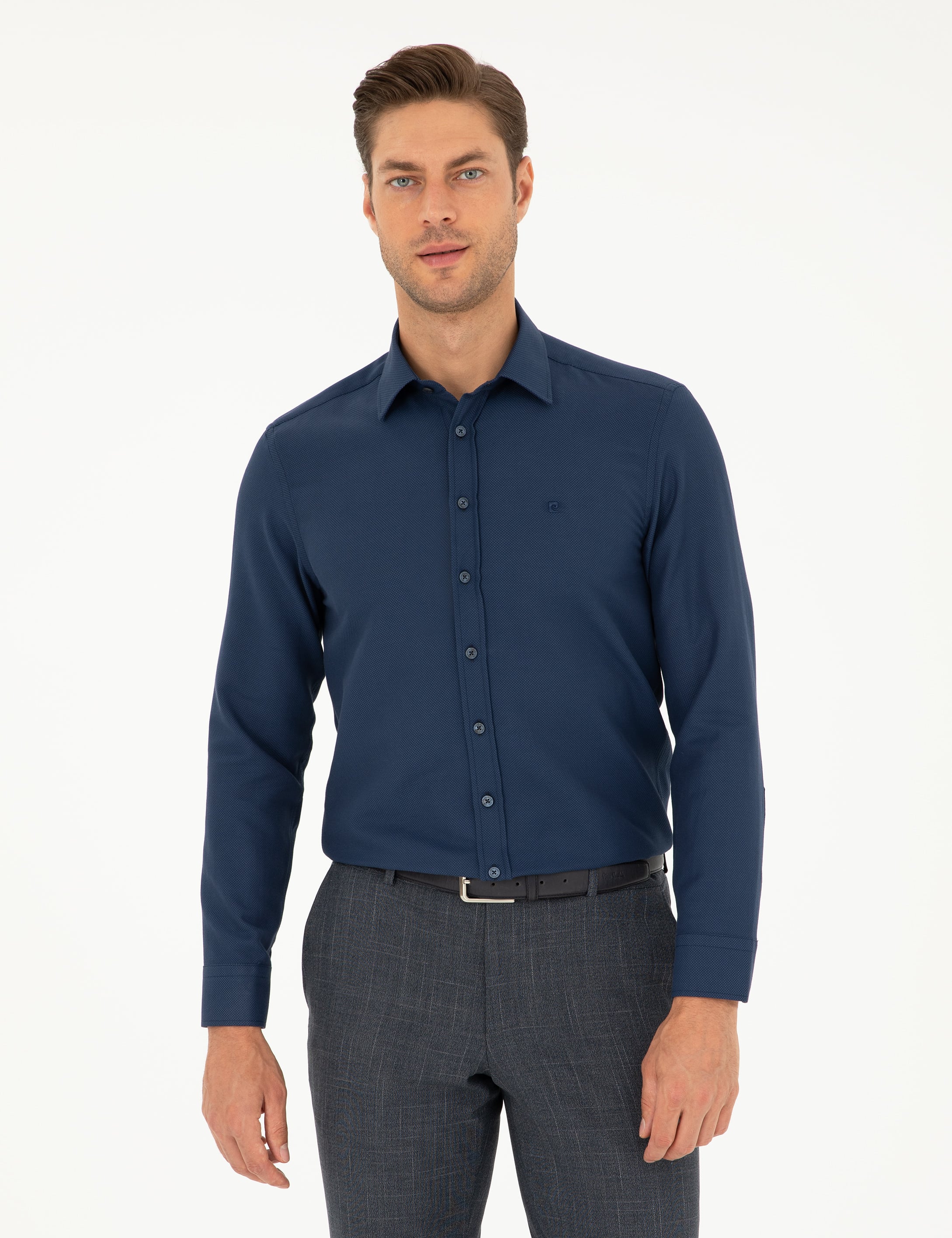Lacivert Slim Fit Armürlü Uzun Kollu Gömlek