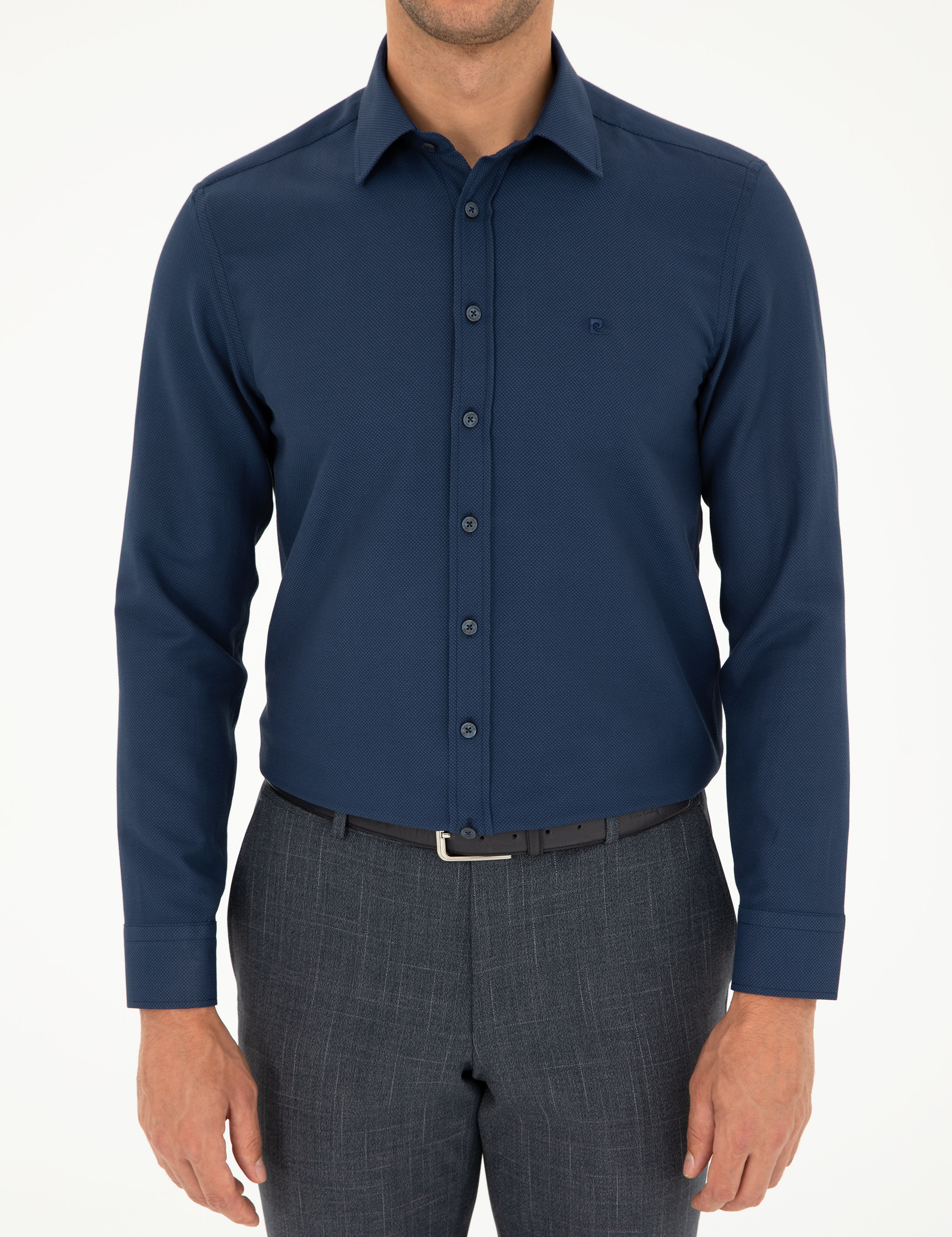 Lacivert Slim Fit Armürlü Uzun Kollu Gömlek - Image 6