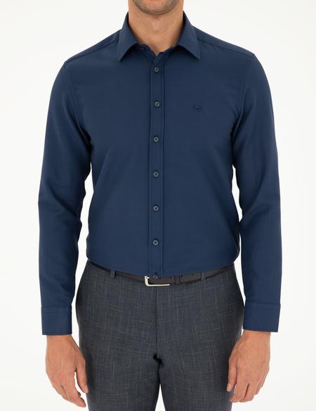 Lacivert Slim Fit Armürlü Uzun Kollu Gömlek - 50298055034