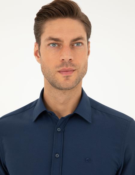 Lacivert Slim Fit Armürlü Uzun Kollu Gömlek - 50298055034