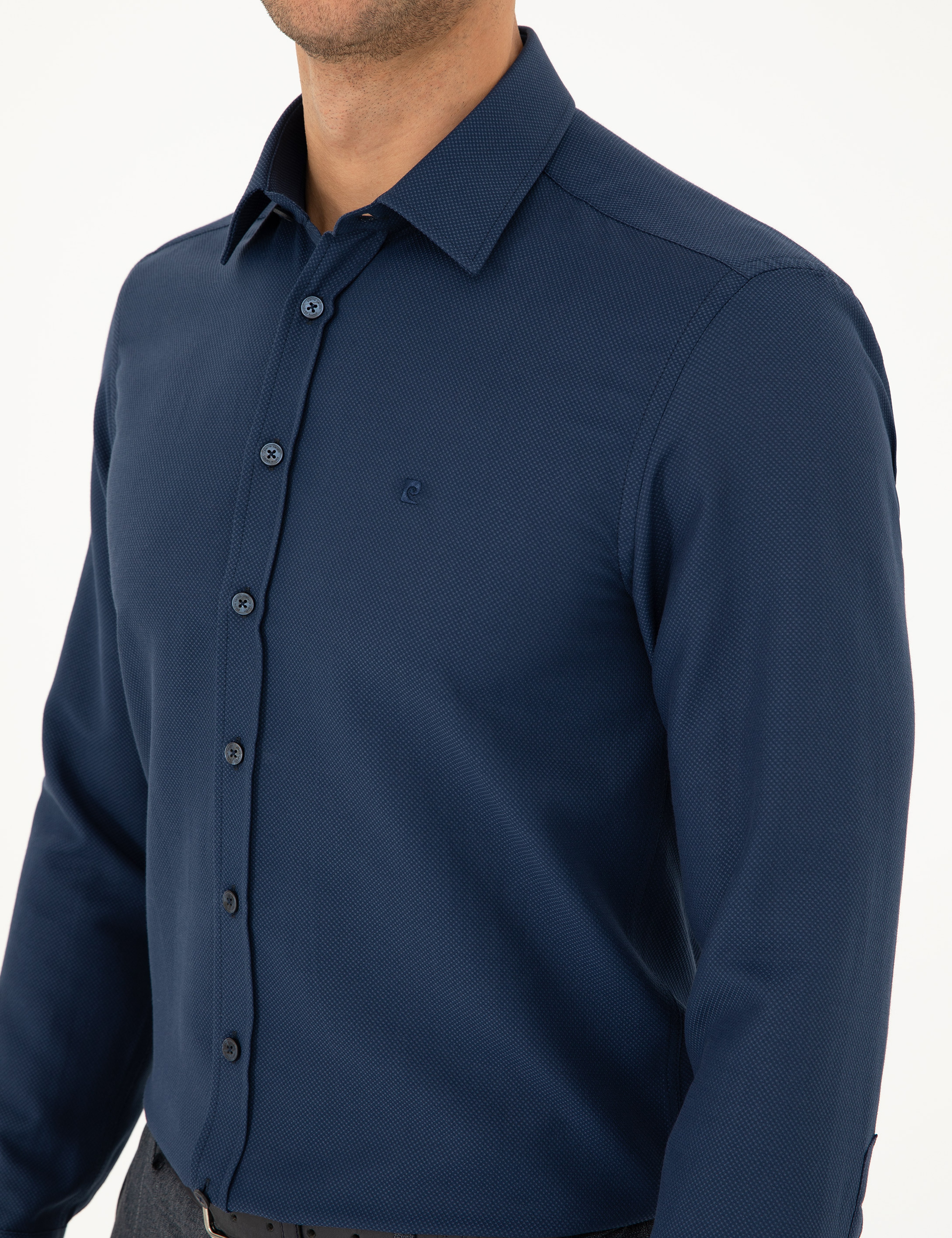 Lacivert Slim Fit Armürlü Uzun Kollu Gömlek