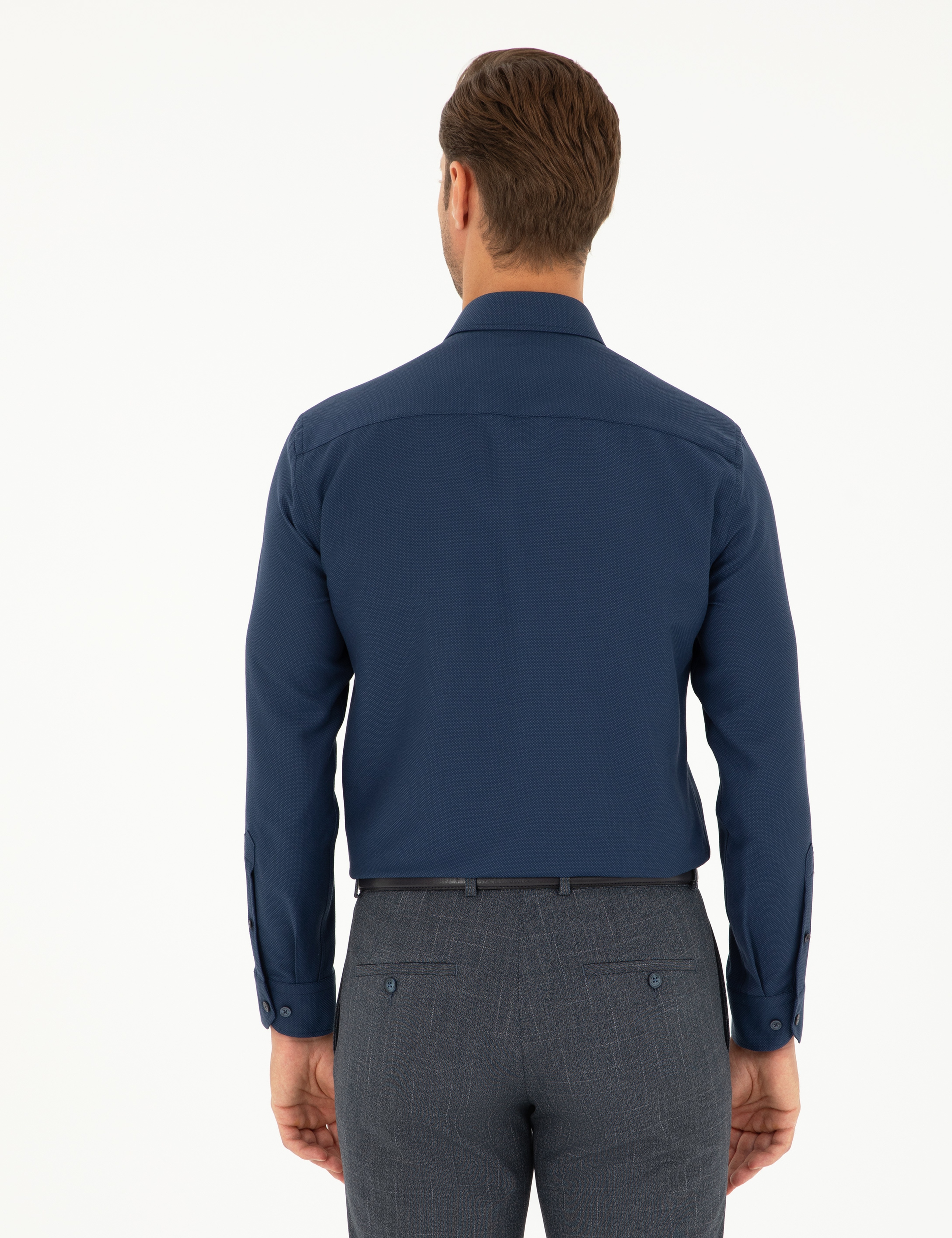 Lacivert Slim Fit Armürlü Uzun Kollu Gömlek