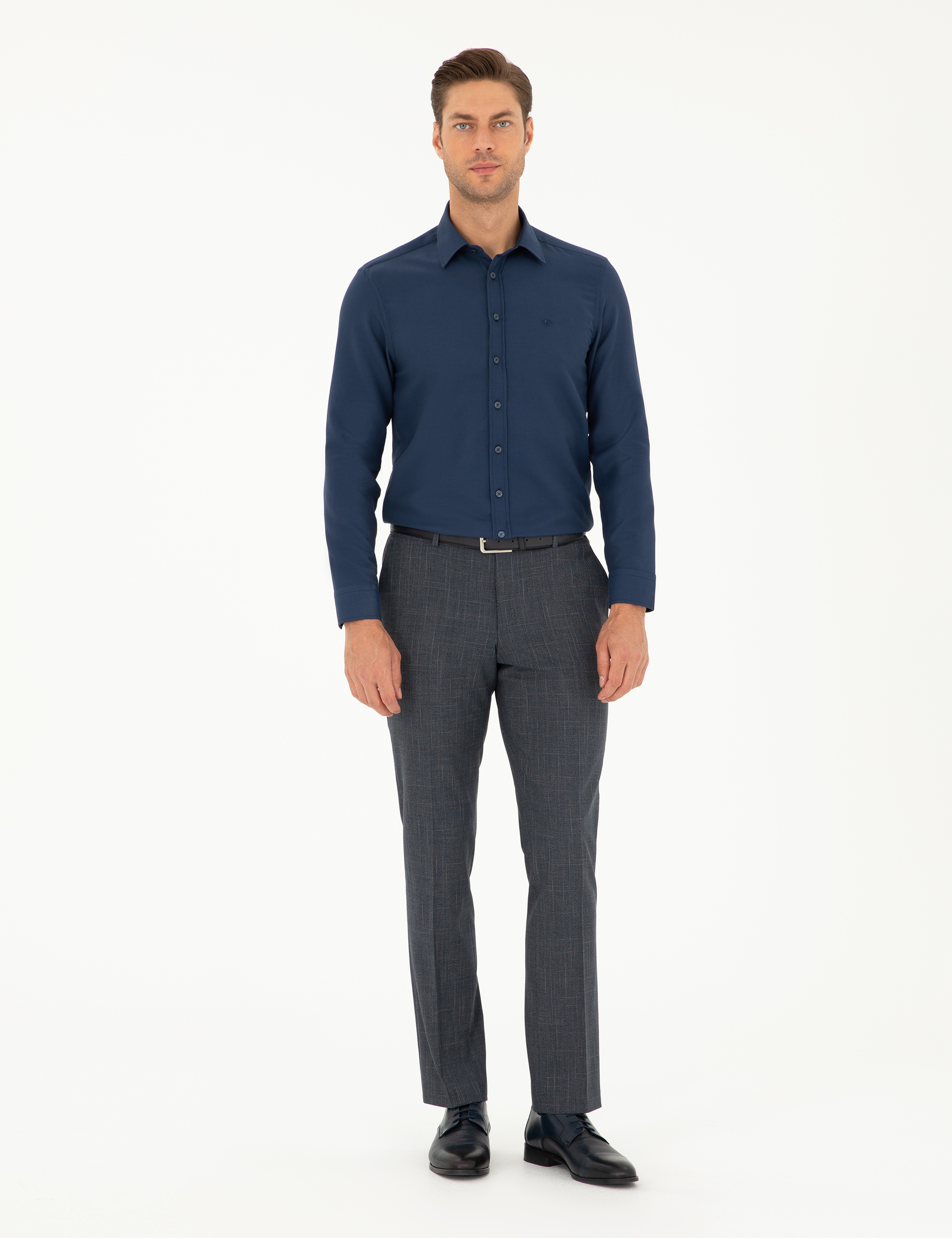 Lacivert Slim Fit Armürlü Uzun Kollu Gömlek