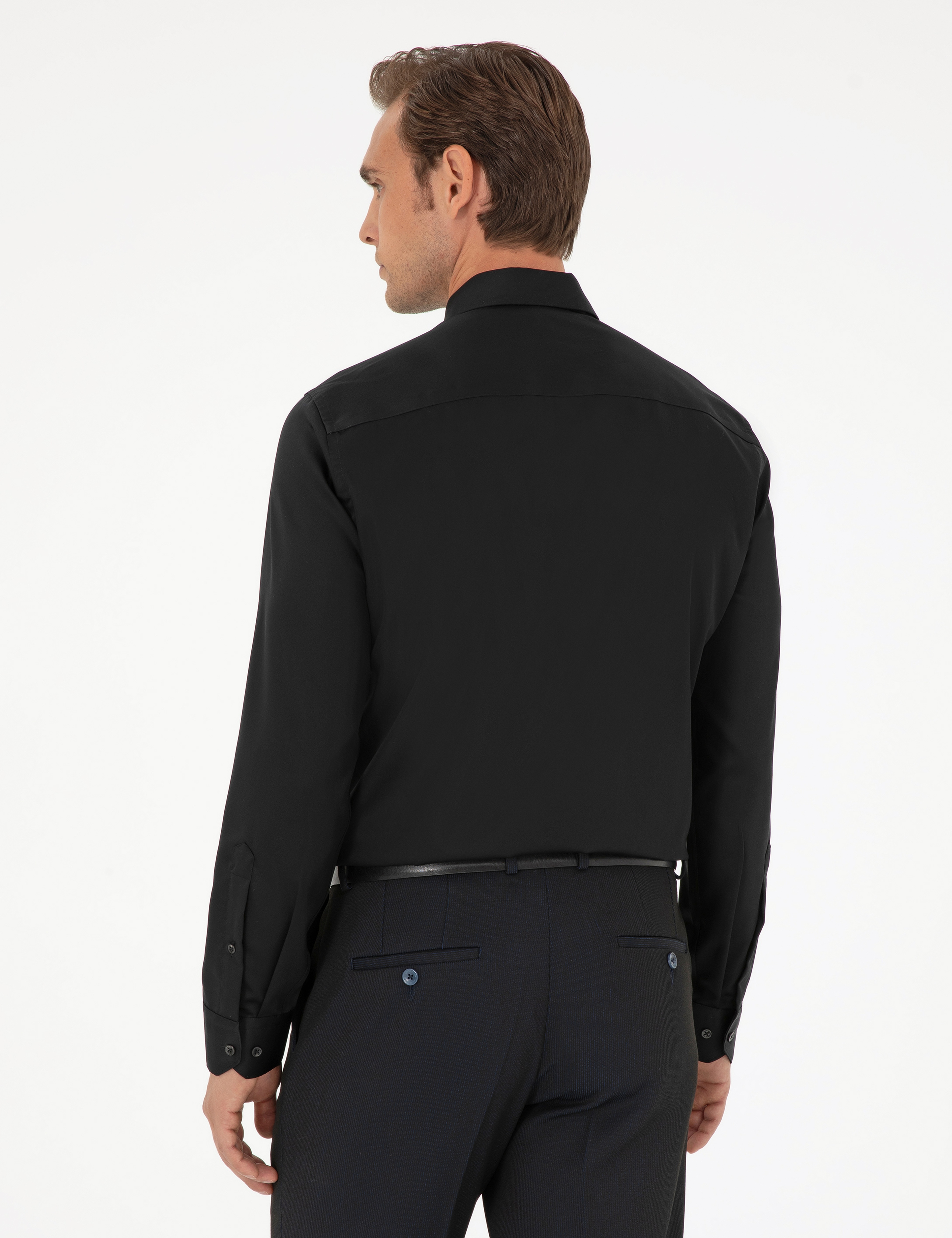 Siyah Non İron Kolay Ütülenebilir Slim Fit Uzun Kollu Basic Gömlek - Image 5