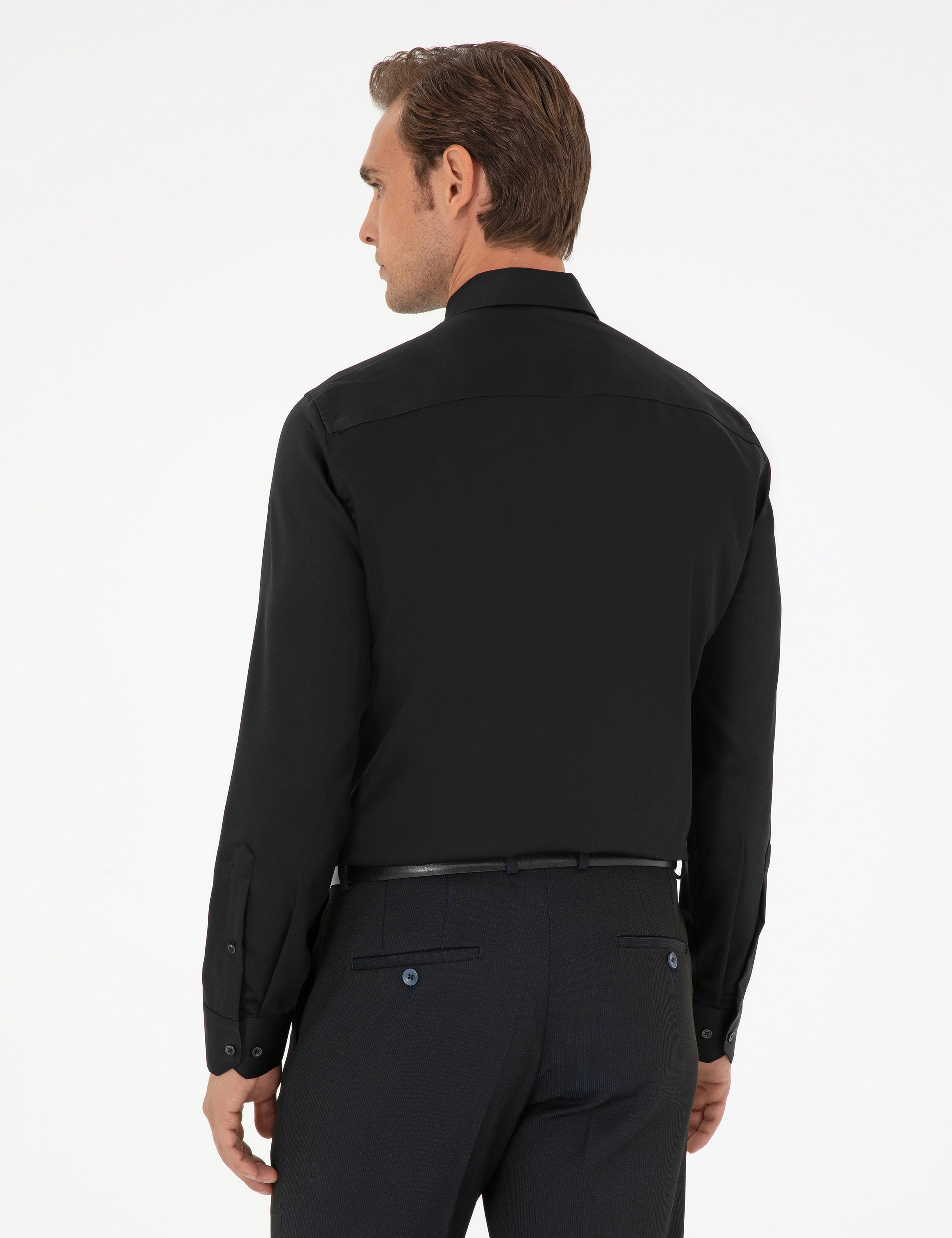 Siyah Non İron Kolay Ütülenebilir Slim Fit Uzun Kollu Basic Gömlek