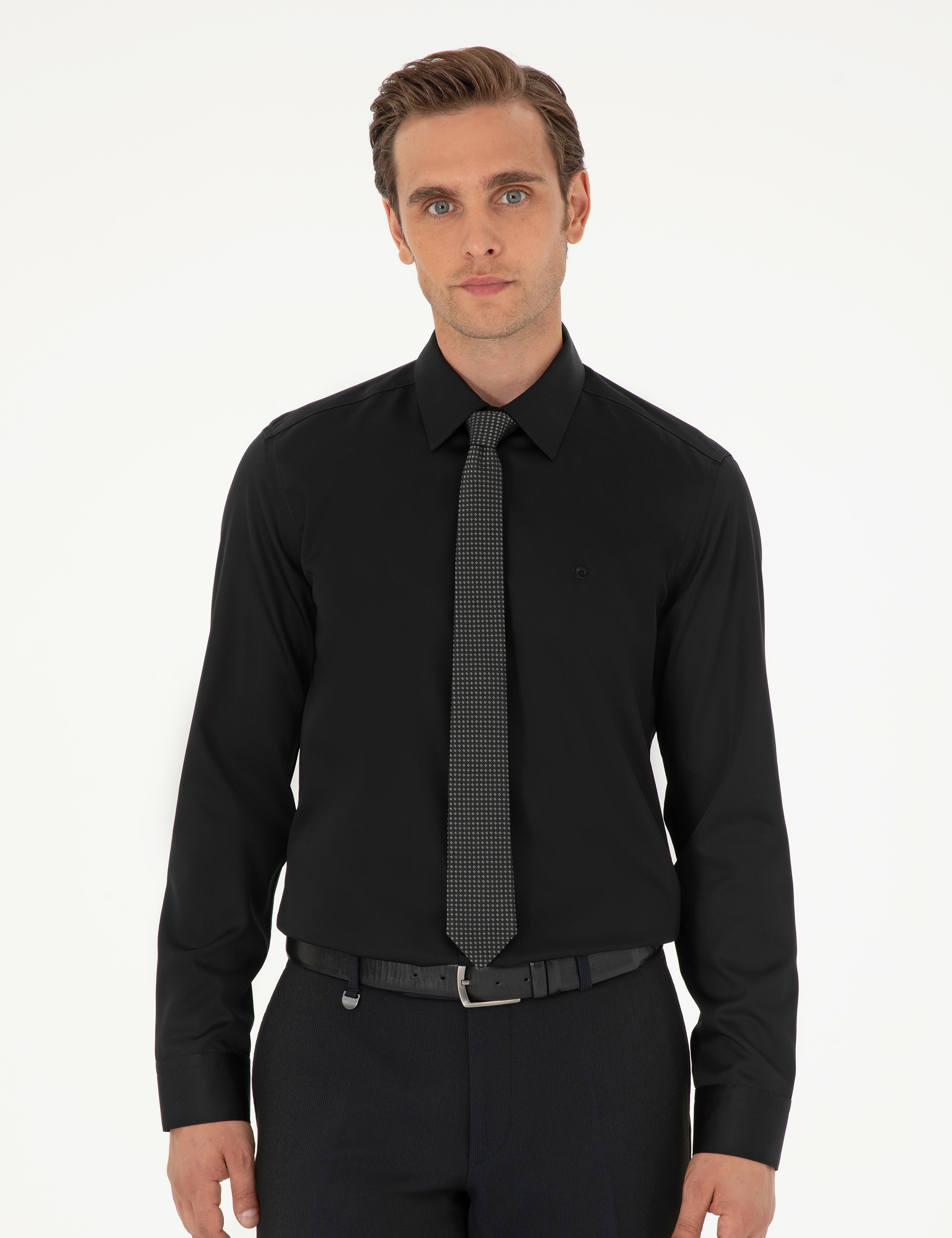 Siyah Non İron Kolay Ütülenebilir Slim Fit Uzun Kollu Basic Gömlek - Image 1