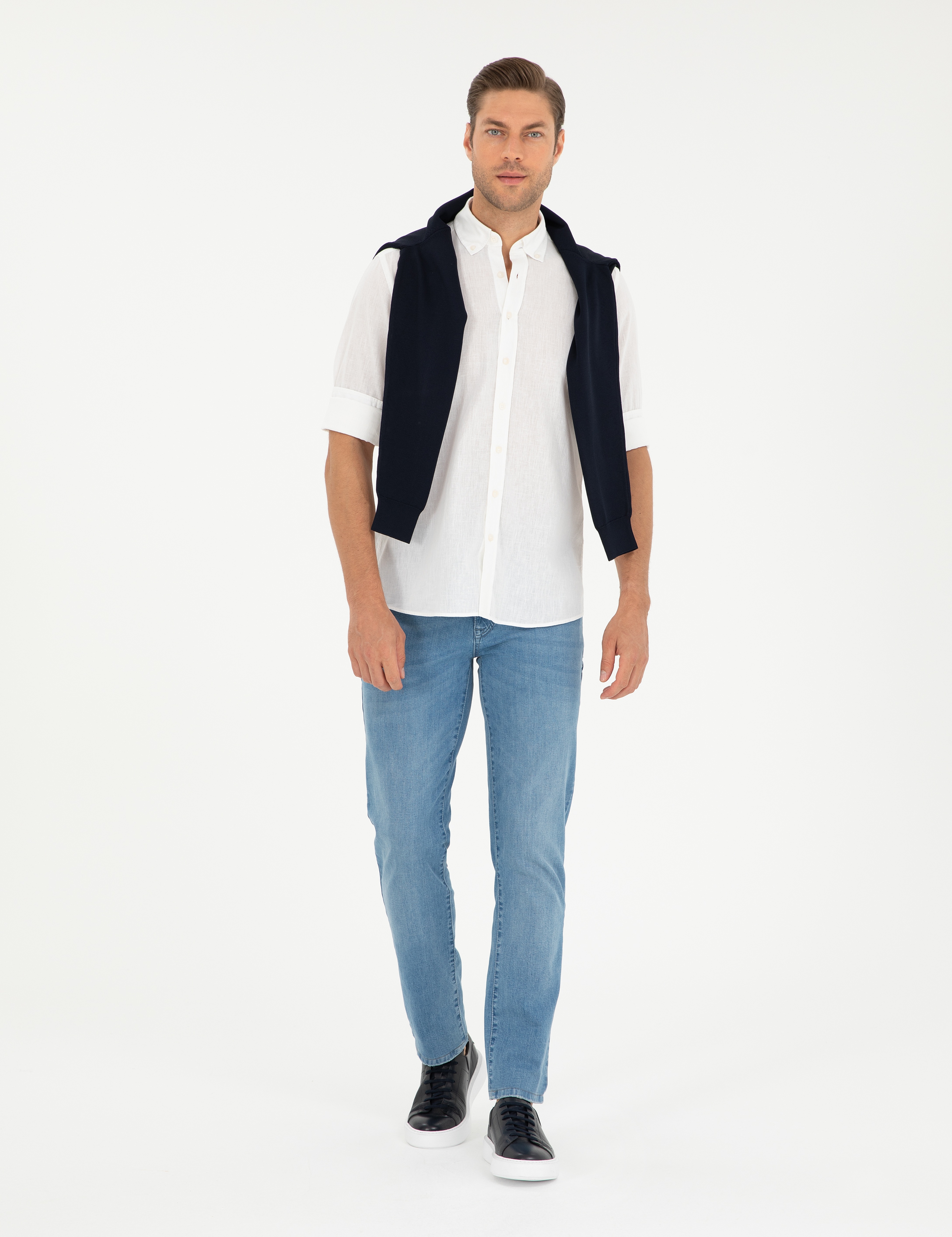 Beyaz Keten Karışımlı Regular Fit Uzun Kollu Gömlek