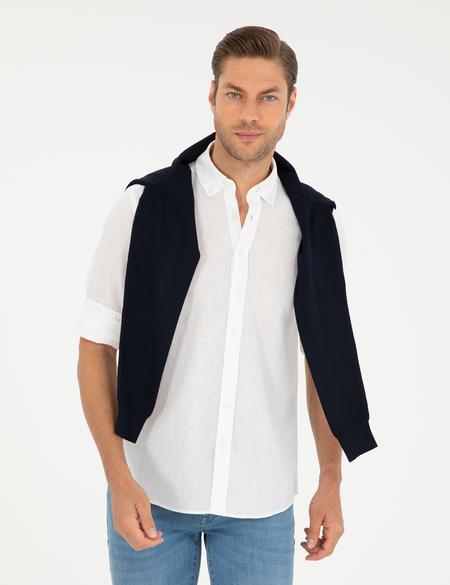 Beyaz Keten Karışımlı Regular Fit Uzun Kollu Gömlek - 50289413019