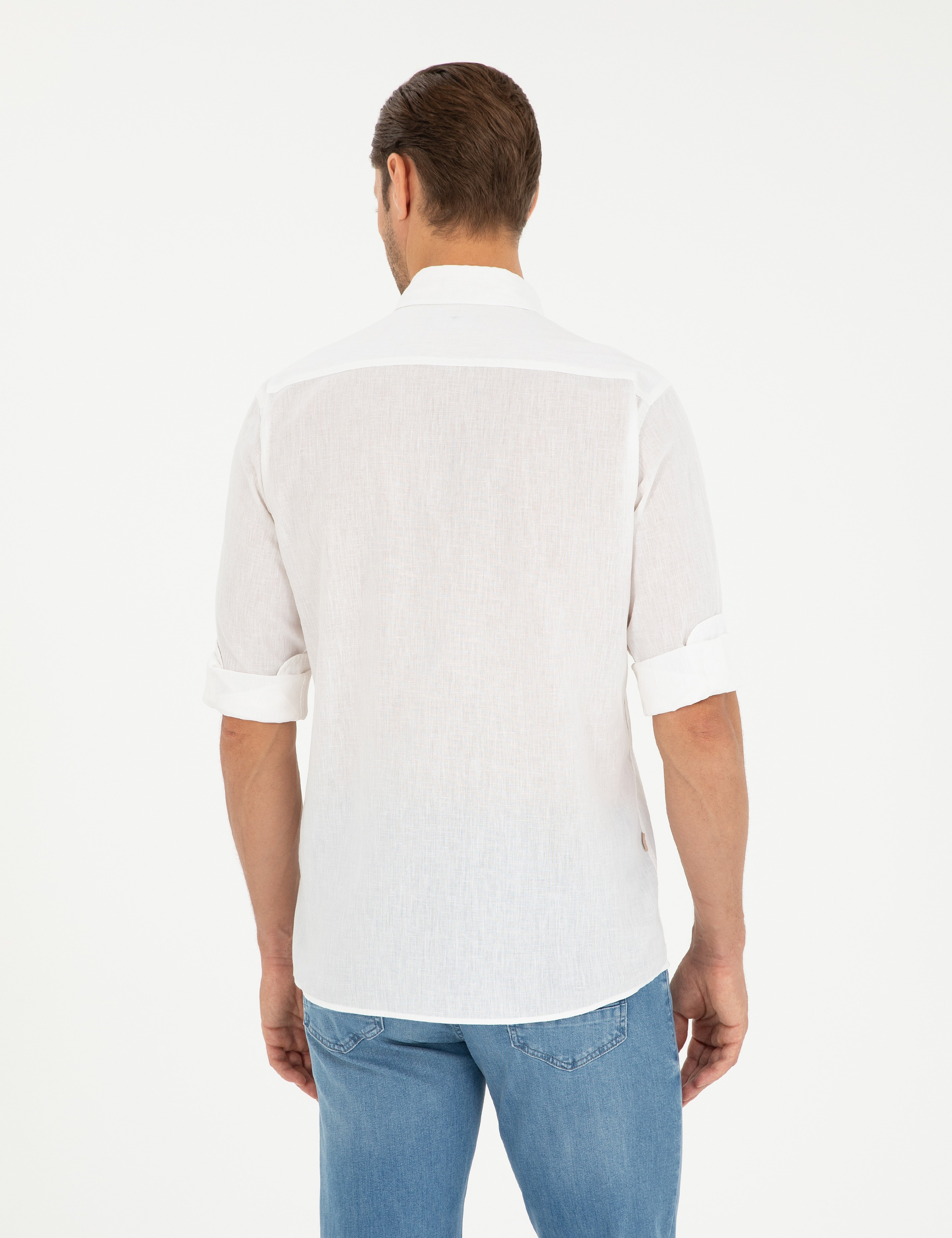 Beyaz Keten Karışımlı Regular Fit Uzun Kollu Gömlek - Image 5