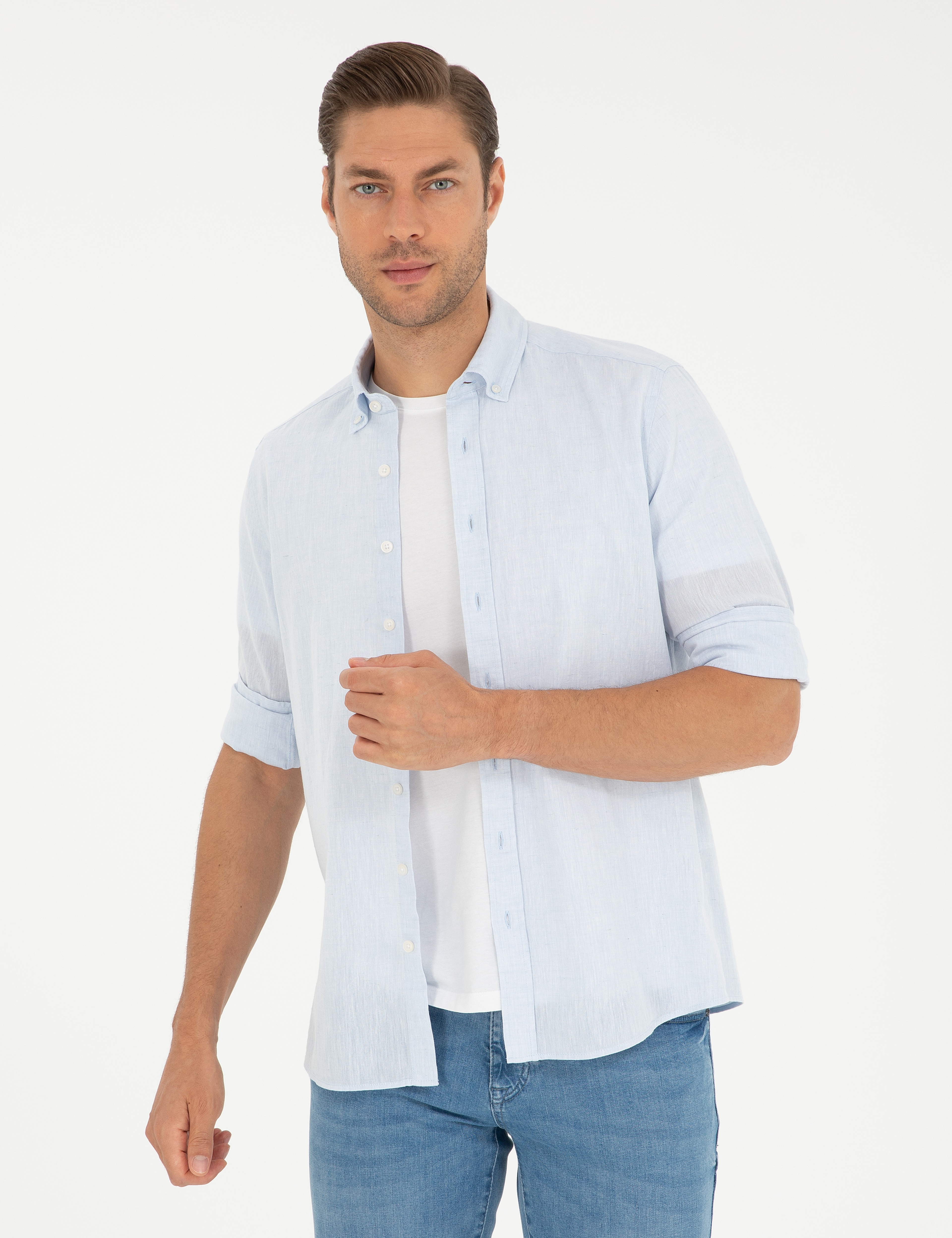 Açık Mavi Keten Karışımlı Regular Fit Uzun Kollu Gömlek - Image 1
