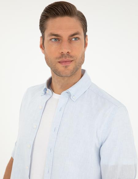 Açık Mavi Keten Karışımlı Regular Fit Uzun Kollu Gömlek - 50289413007