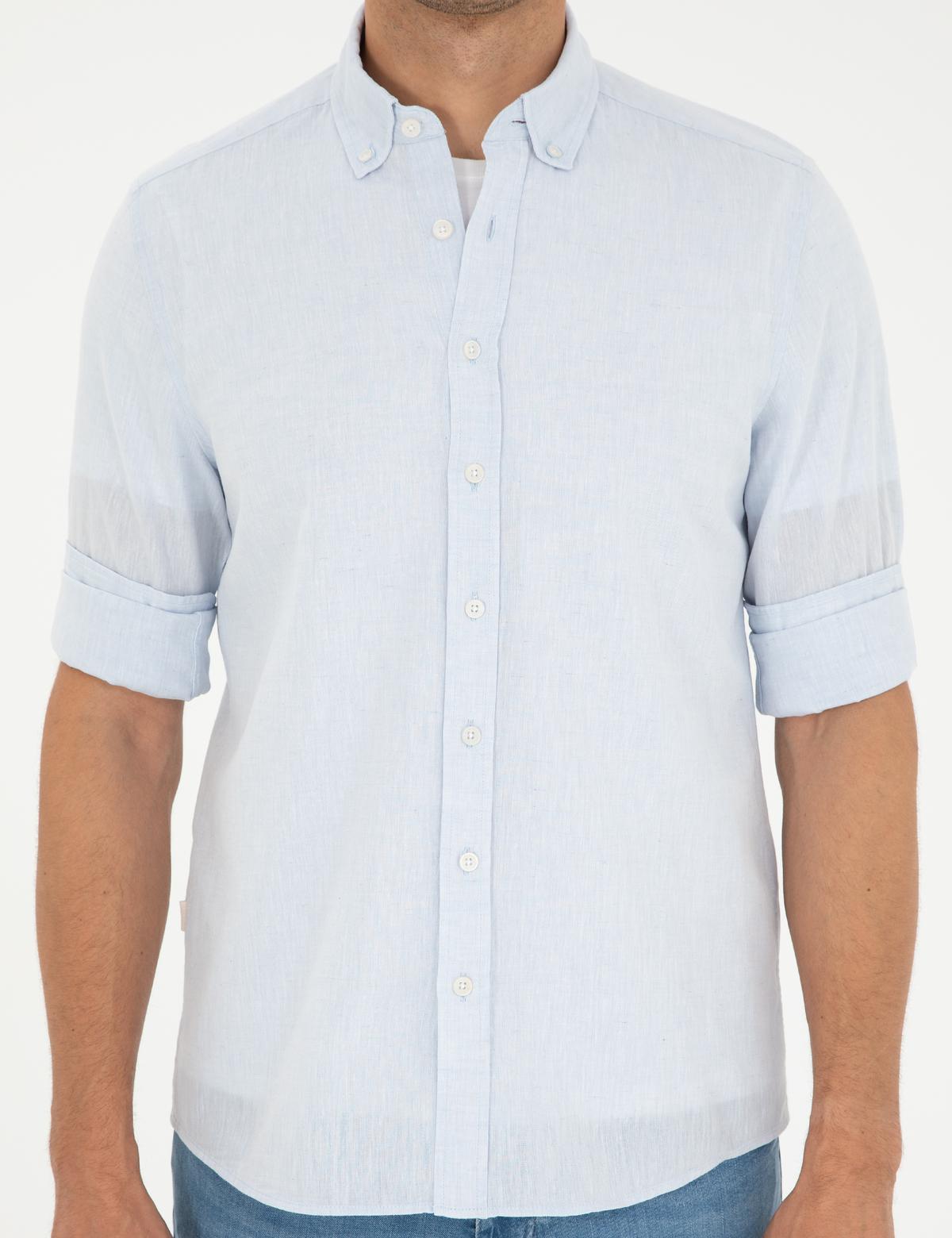 Açık Mavi Keten Karışımlı Regular Fit Uzun Kollu Gömlek - 50289413007