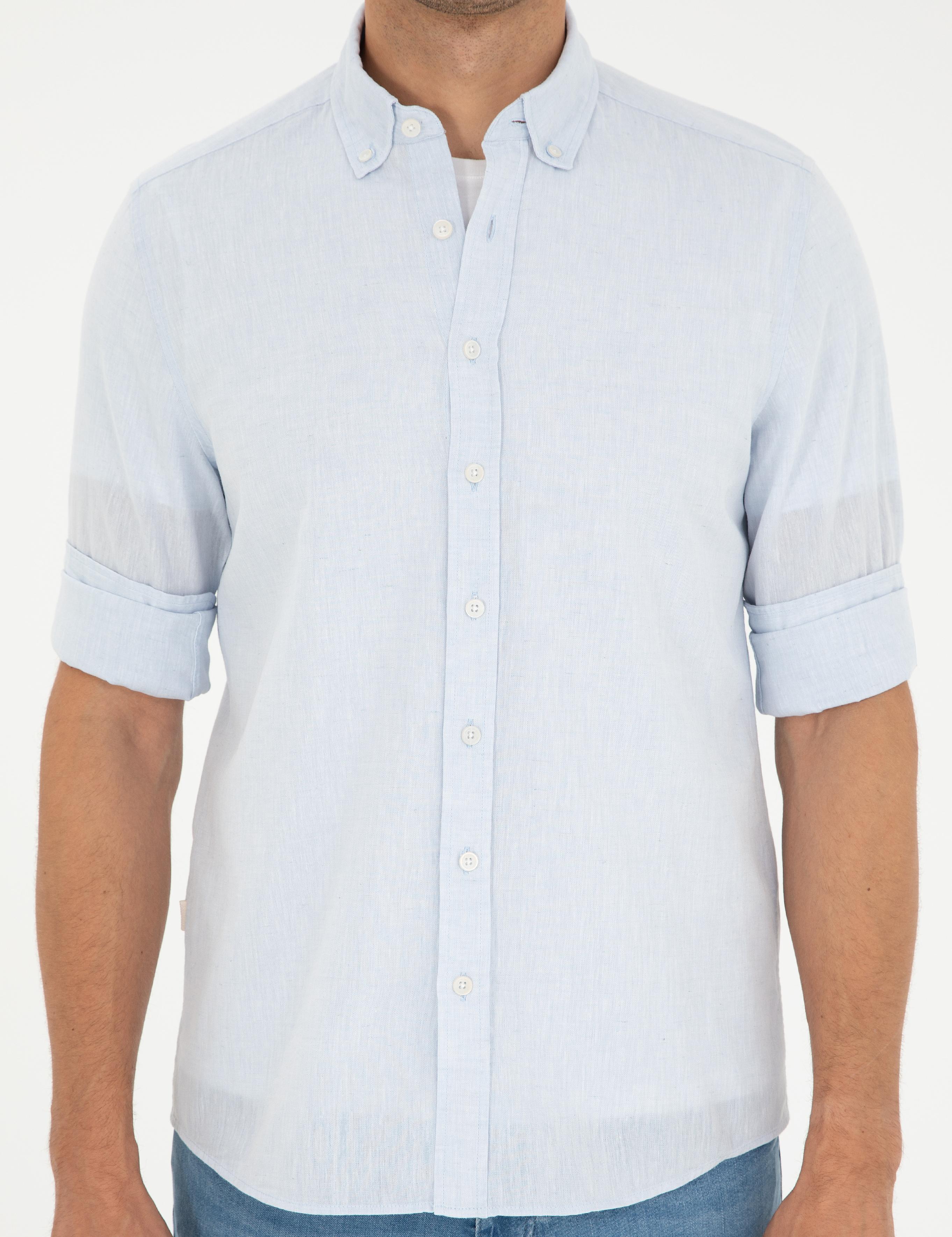 Açık Mavi Keten Karışımlı Regular Fit Uzun Kollu Gömlek