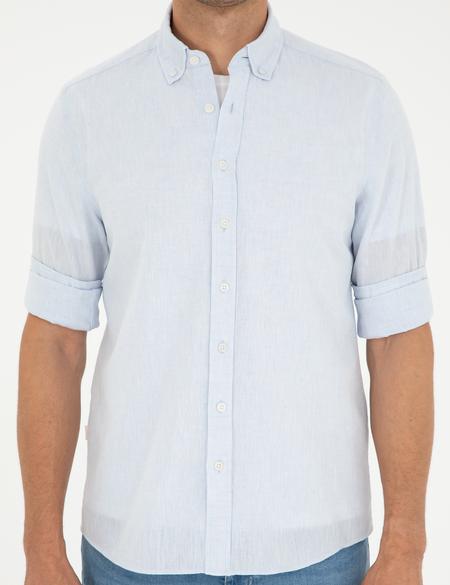 Açık Mavi Keten Karışımlı Regular Fit Uzun Kollu Gömlek - 50289413007