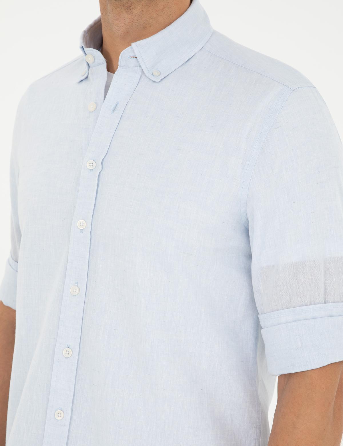 Açık Mavi Keten Karışımlı Regular Fit Uzun Kollu Gömlek - 50289413007