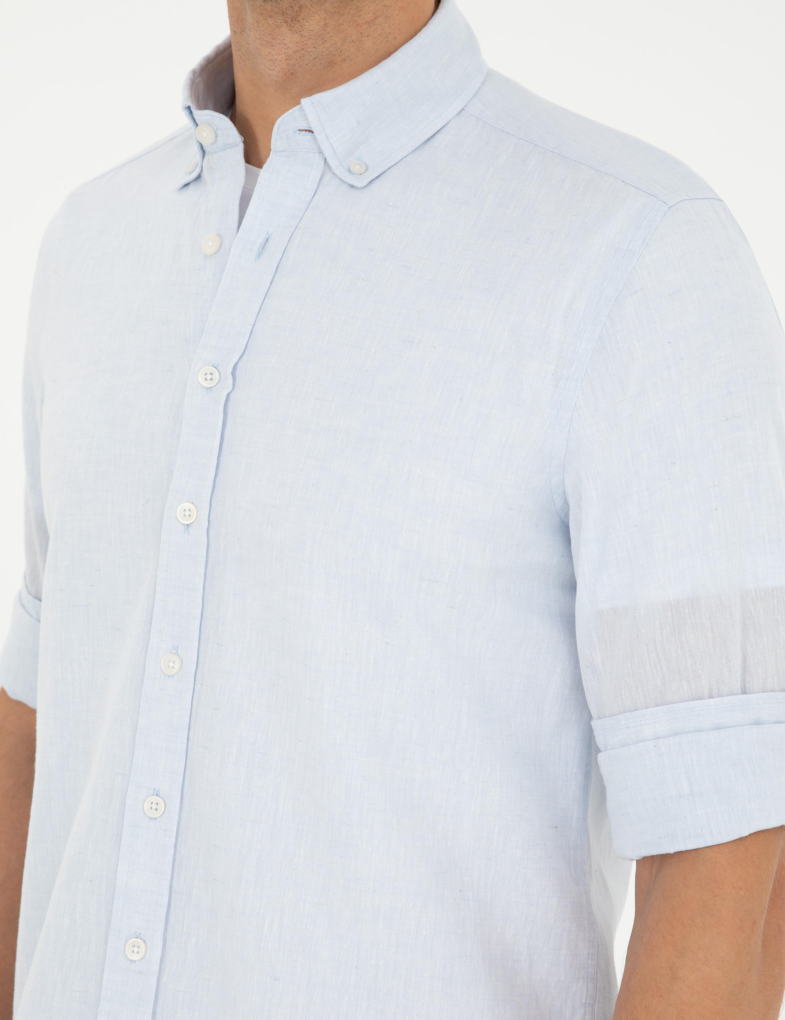 Açık Mavi Keten Karışımlı Regular Fit Uzun Kollu Gömlek