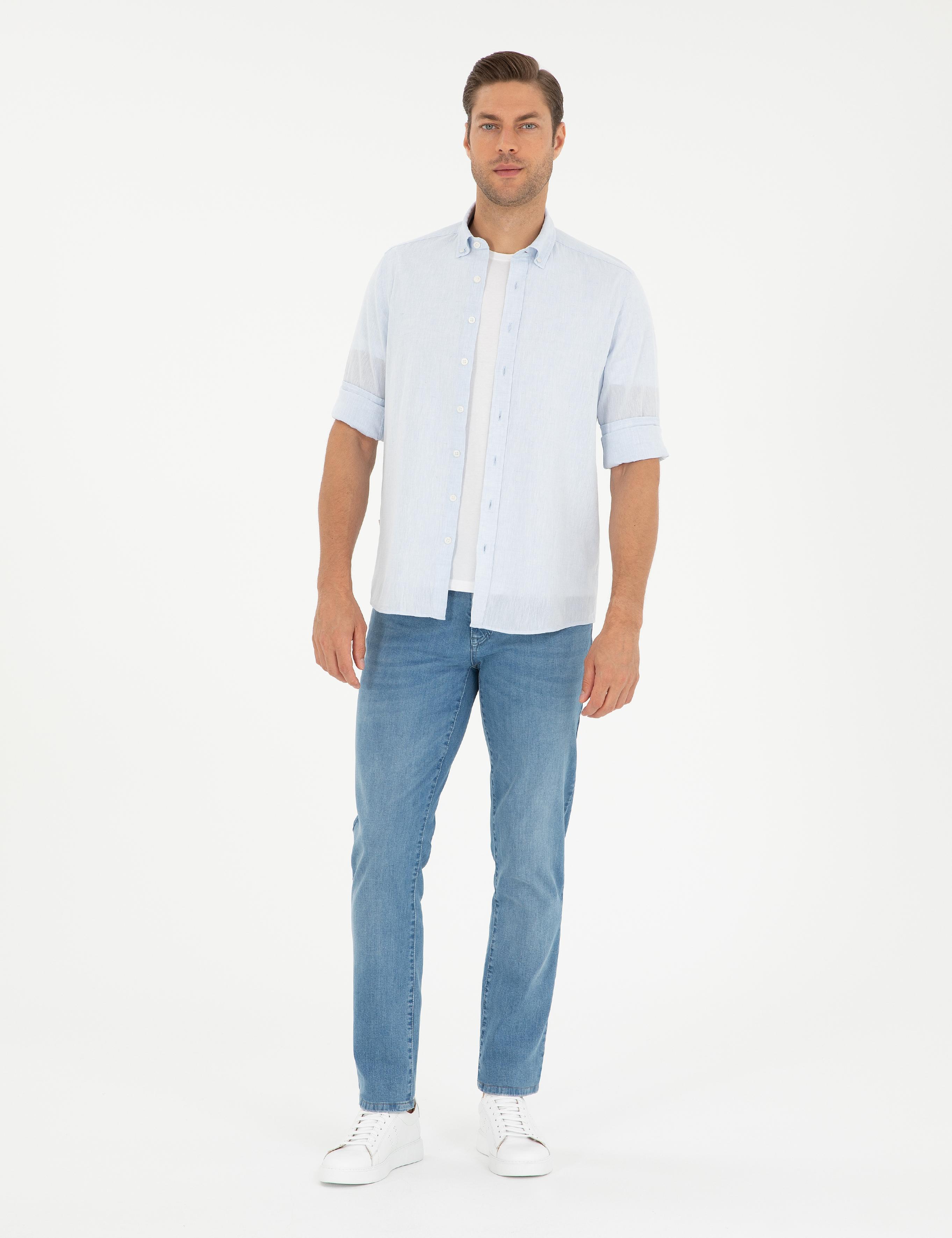 Açık Mavi Keten Karışımlı Regular Fit Uzun Kollu Gömlek