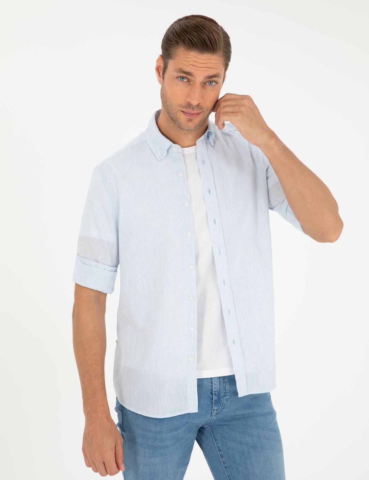 Açık Mavi Keten Karışımlı Regular Fit Uzun Kollu Gömlek - 50289413007