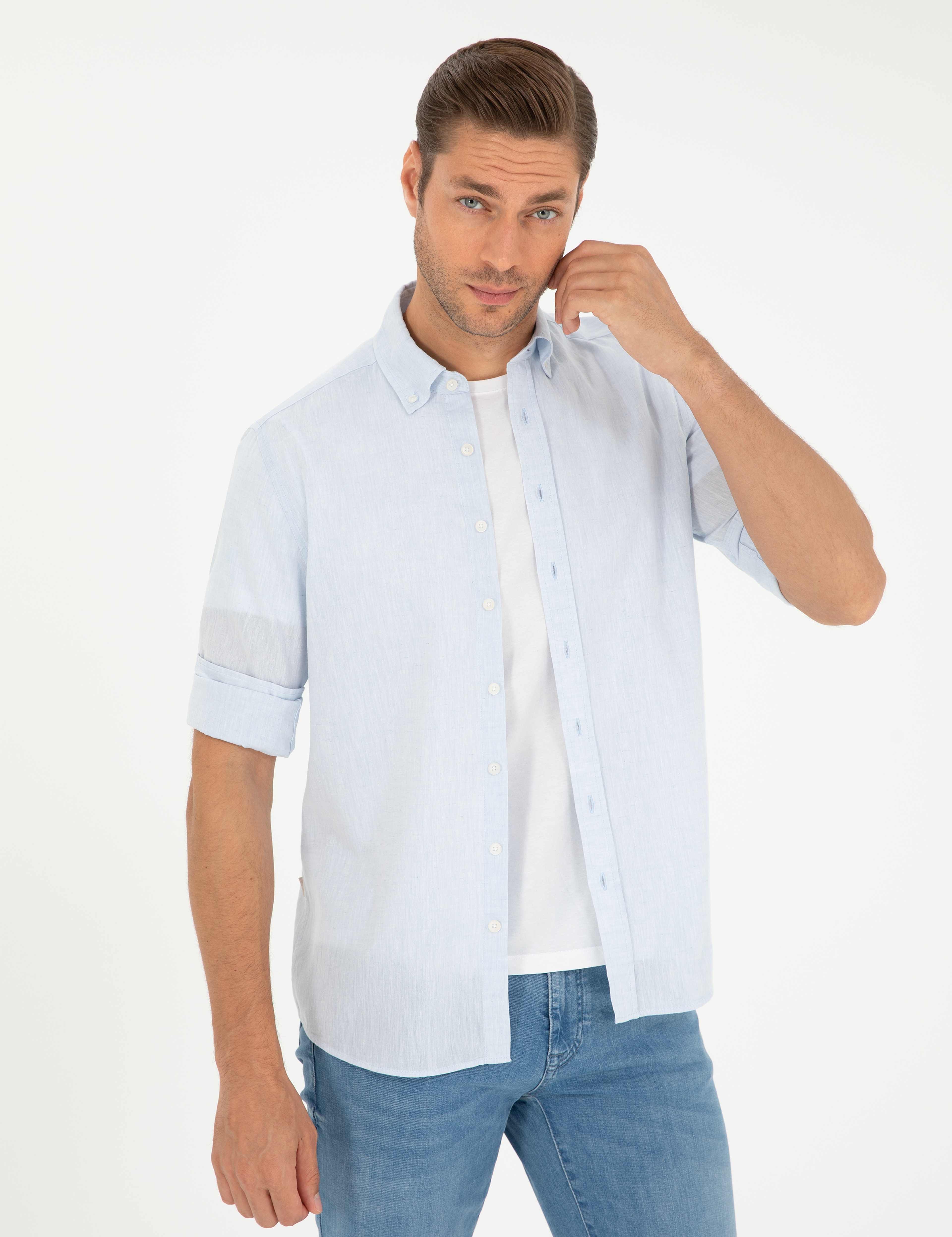 Açık Mavi Keten Karışımlı Regular Fit Uzun Kollu Gömlek - Image 3