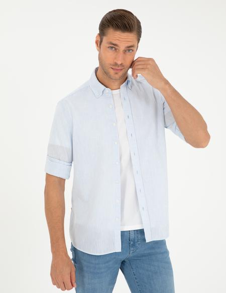 Açık Mavi Keten Karışımlı Regular Fit Uzun Kollu Gömlek - 50289413007