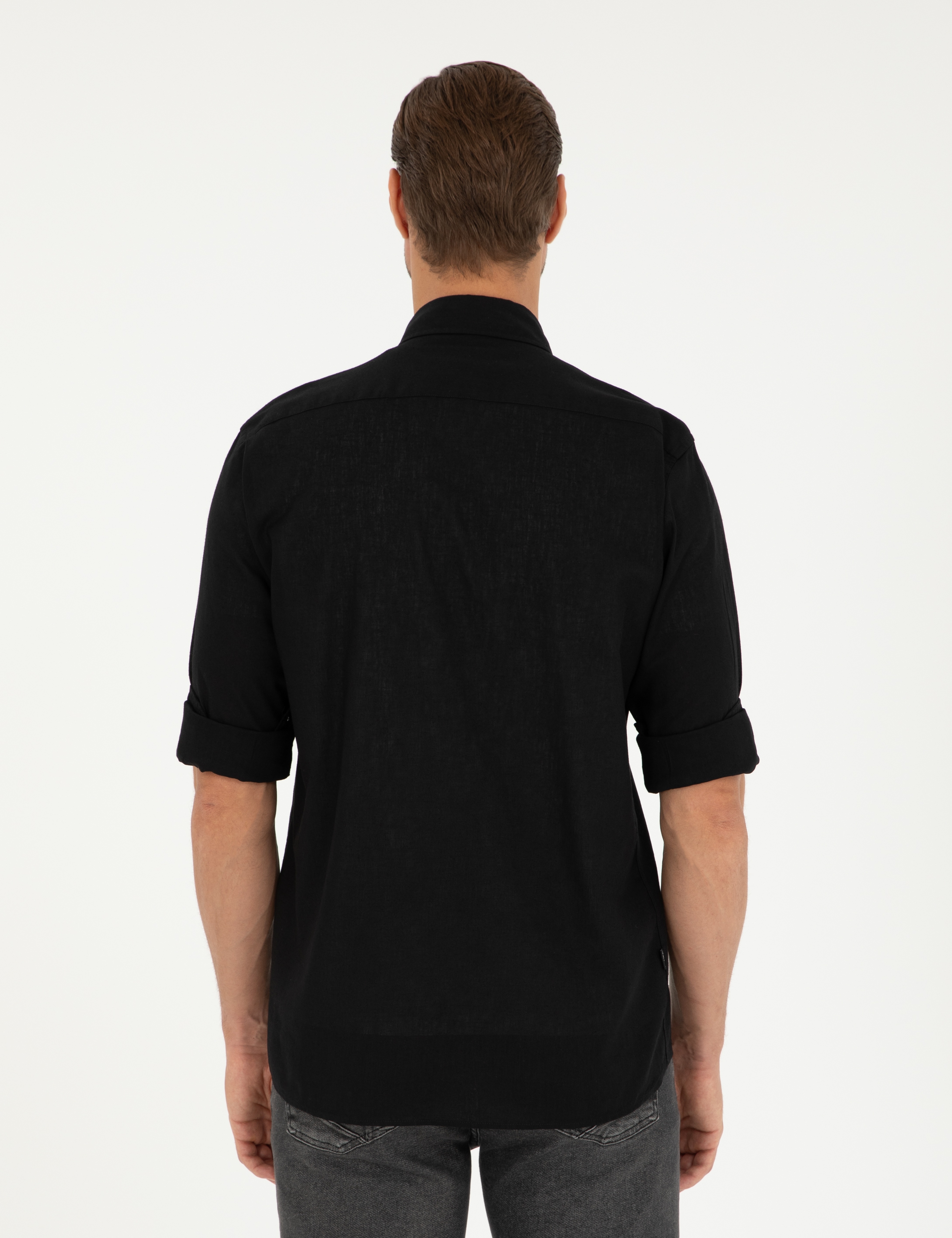 Siyah Keten Karışımlı Regular Fit Uzun Kollu Gömlek - Image 5