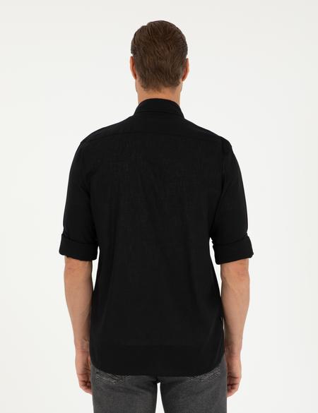 Siyah Keten Karışımlı Regular Fit Uzun Kollu Gömlek - 50289413010