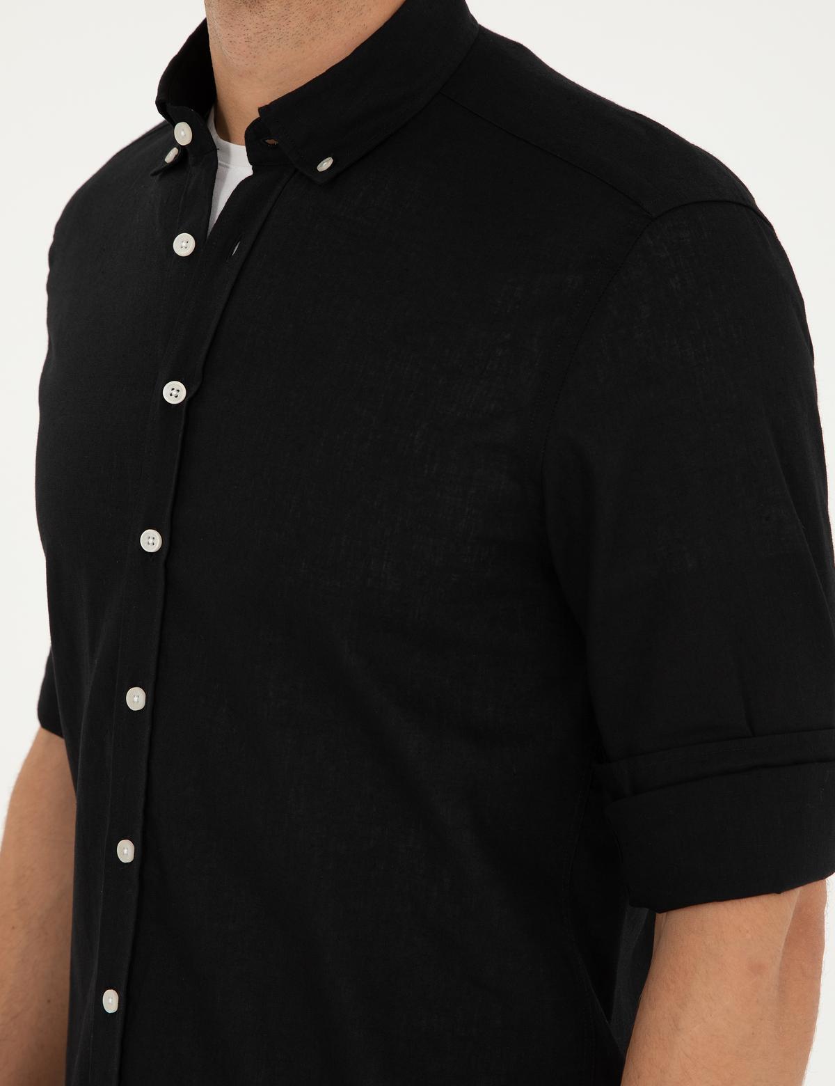 Siyah Keten Karışımlı Regular Fit Uzun Kollu Gömlek - 50289413010