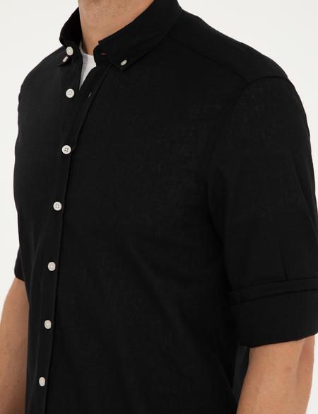 Siyah Keten Karışımlı Regular Fit Uzun Kollu Gömlek - 50289413010