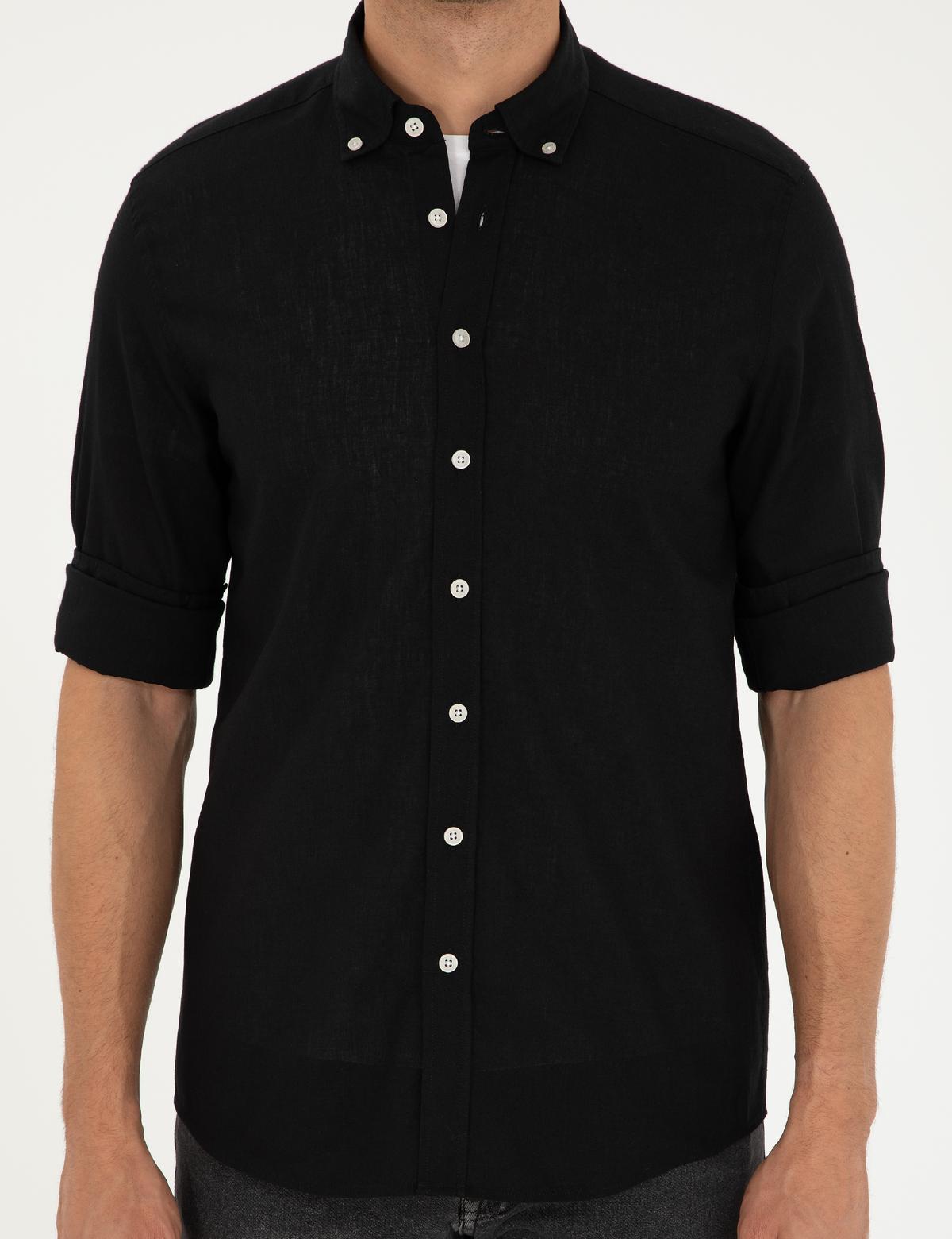 Siyah Keten Karışımlı Regular Fit Uzun Kollu Gömlek - 50289413010