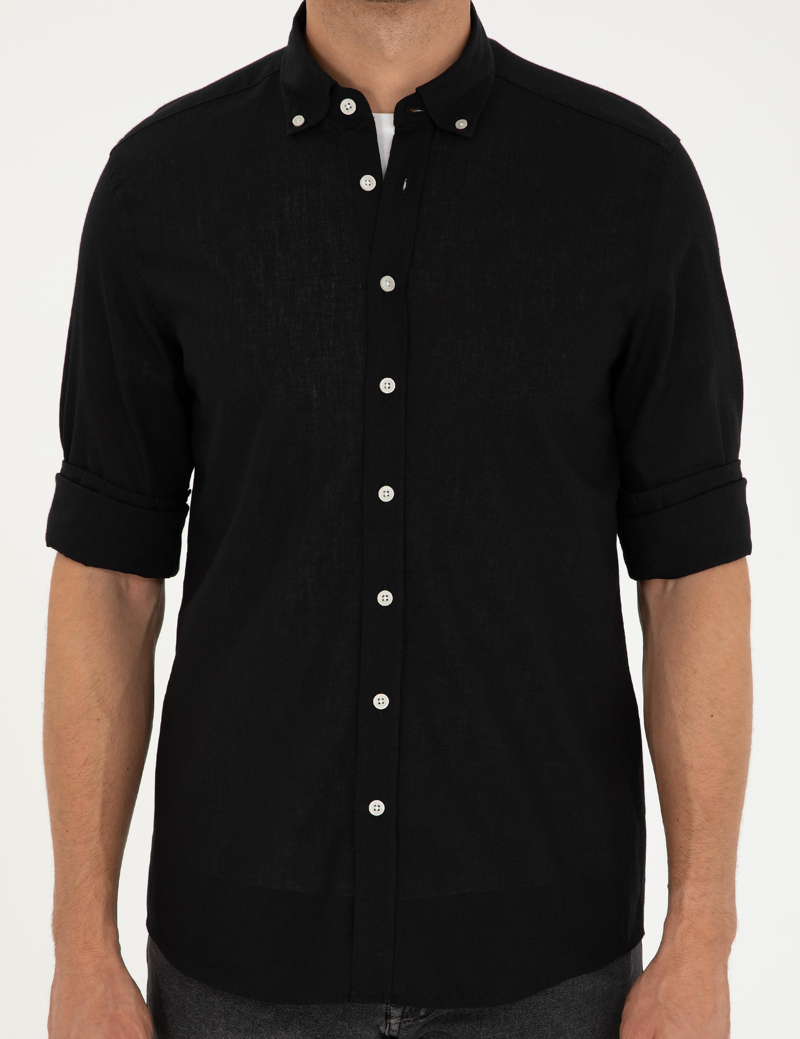 Siyah Keten Karışımlı Regular Fit Uzun Kollu Gömlek