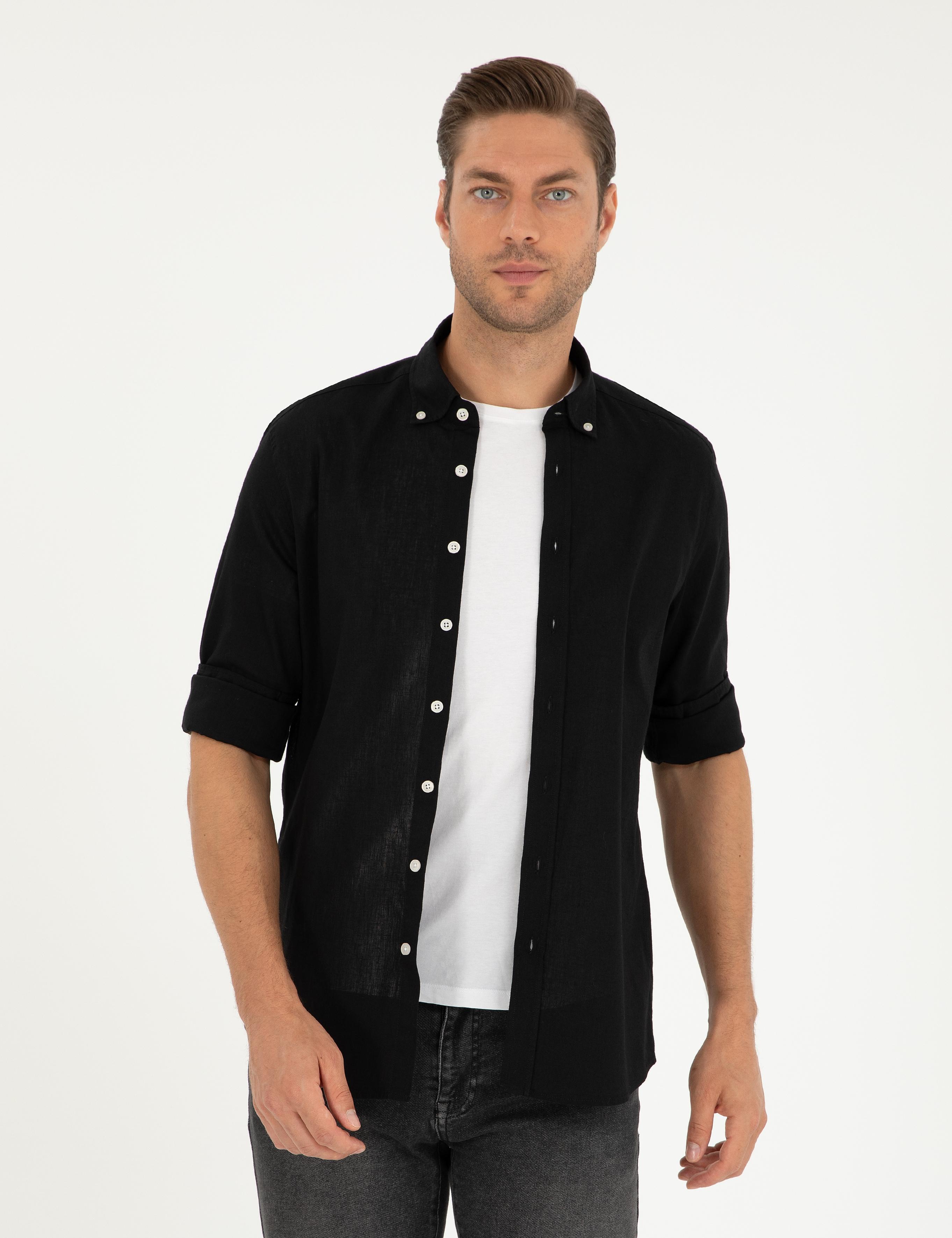 Siyah Keten Karışımlı Regular Fit Uzun Kollu Gömlek