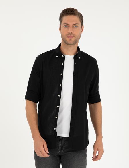 Siyah Keten Karışımlı Regular Fit Uzun Kollu Gömlek - 50289413010