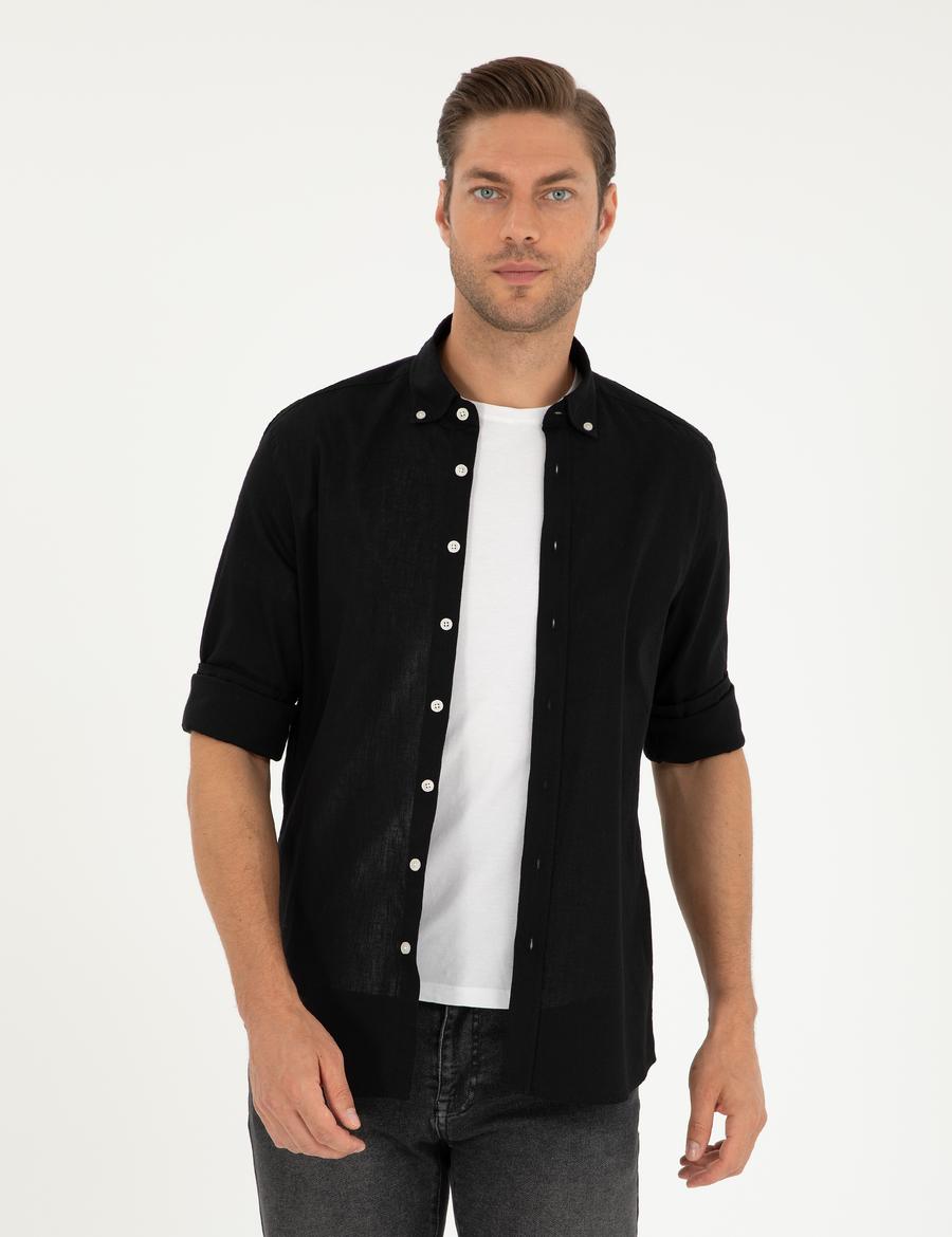 Siyah Keten Karışımlı Regular Fit Uzun Kollu Gömlek