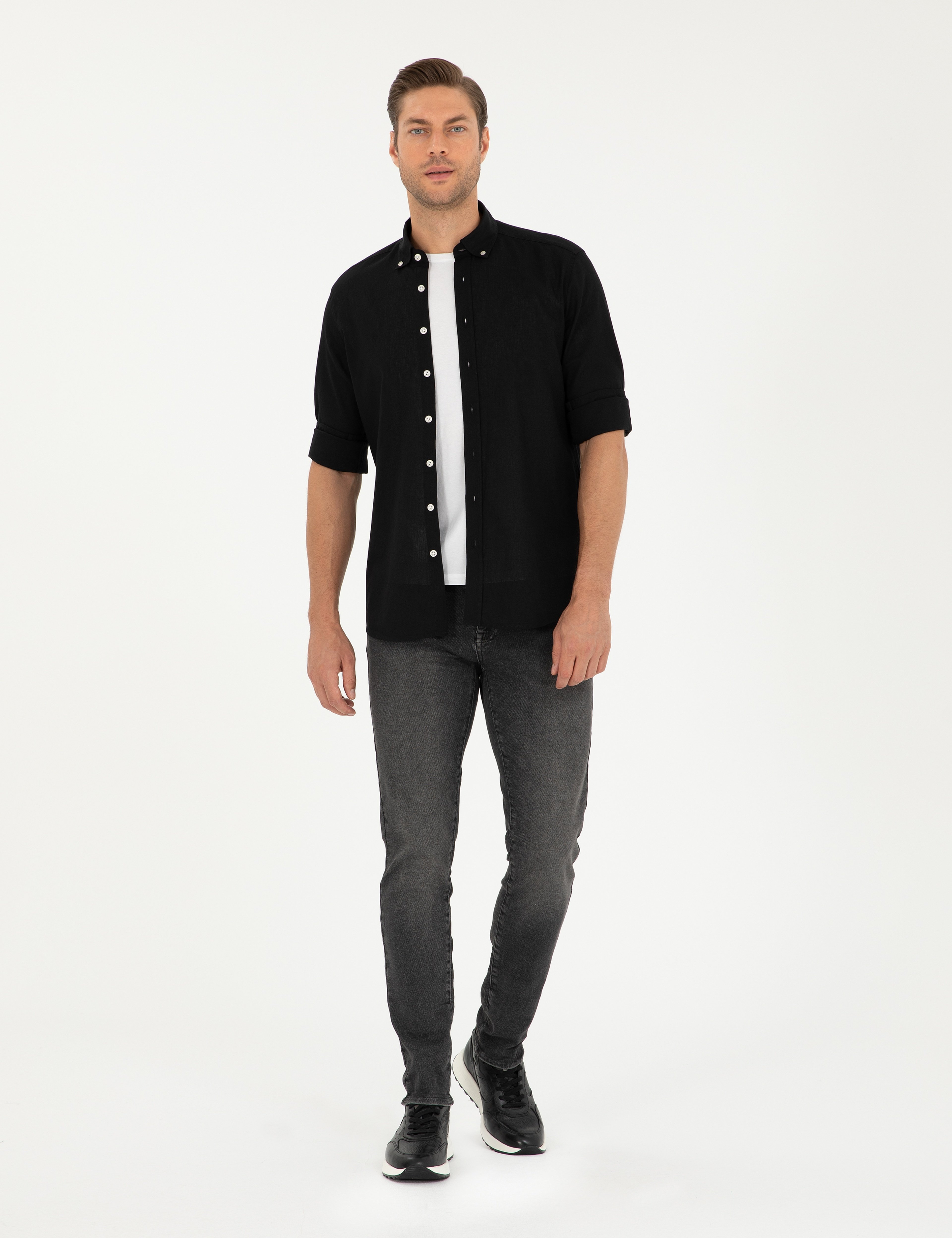 Siyah Keten Karışımlı Regular Fit Uzun Kollu Gömlek - Image 4
