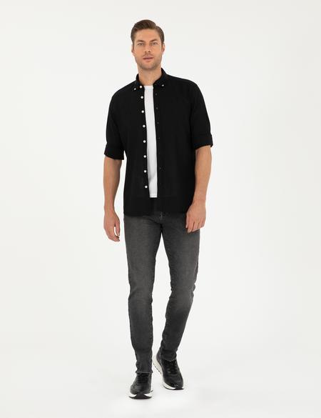 Siyah Keten Karışımlı Regular Fit Uzun Kollu Gömlek - 50289413010