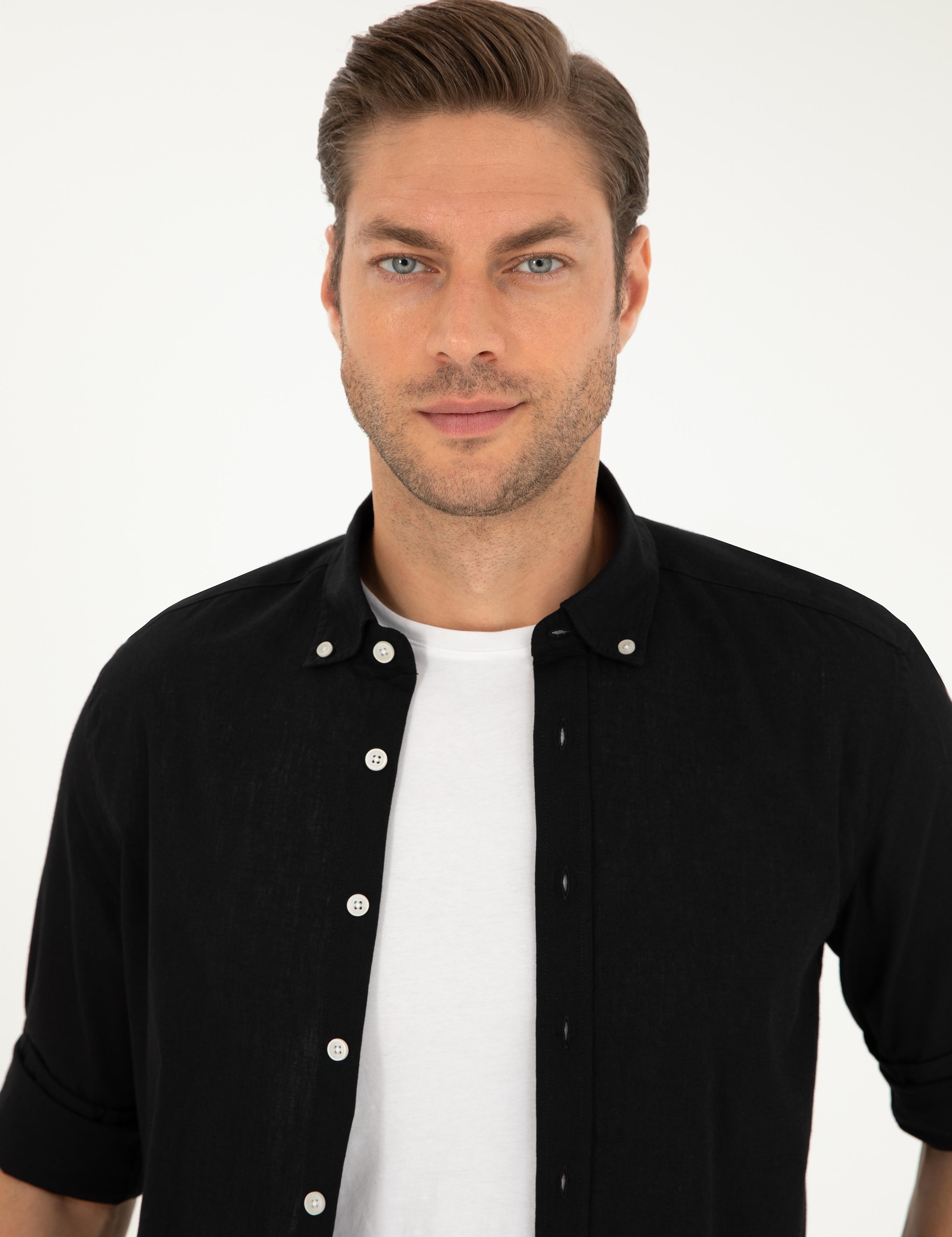 Siyah Keten Karışımlı Regular Fit Uzun Kollu Gömlek