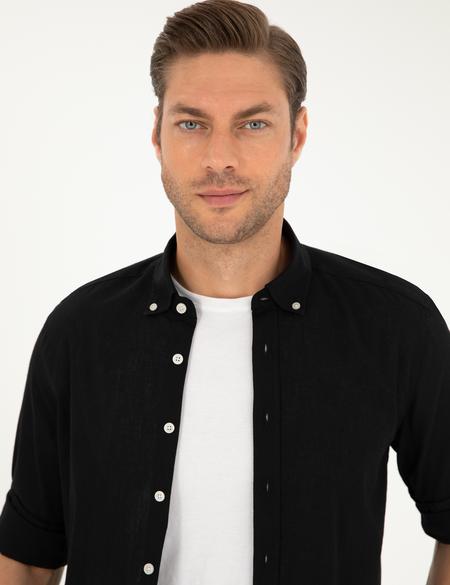 Siyah Keten Karışımlı Regular Fit Uzun Kollu Gömlek - 50289413010
