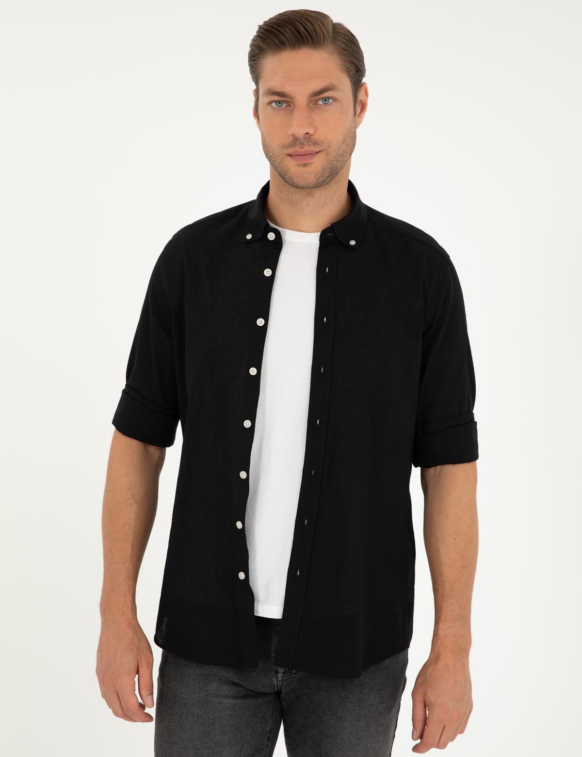 Siyah Keten Karışımlı Regular Fit Uzun Kollu Gömlek - 50289413010