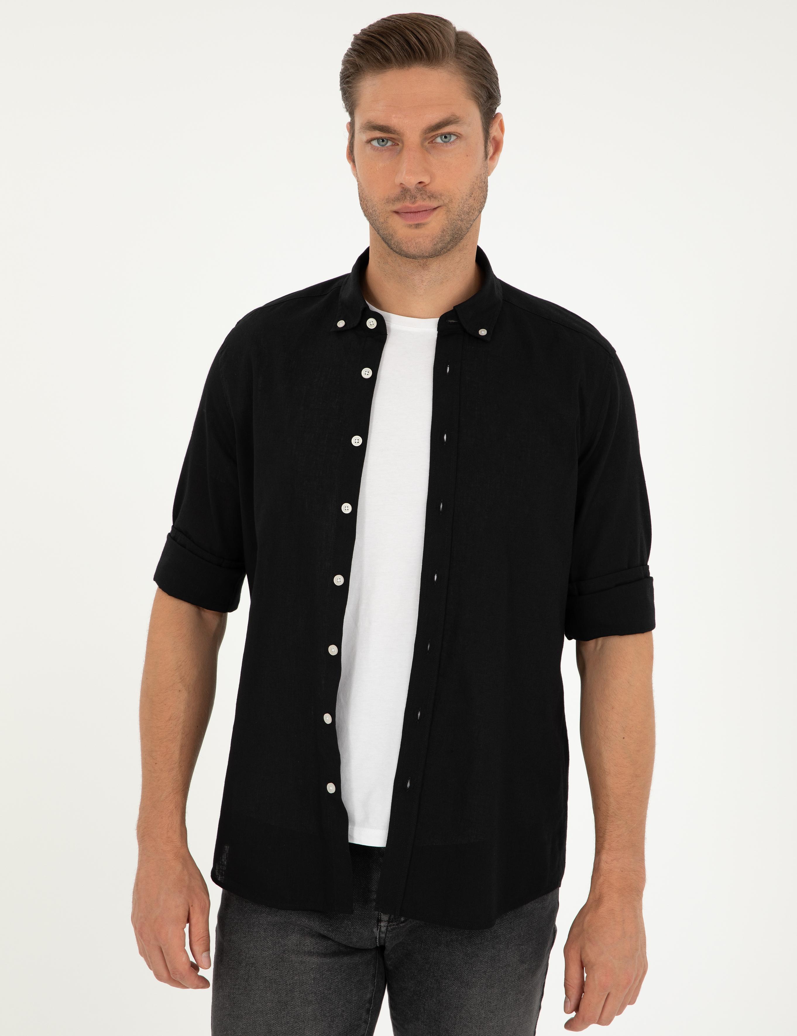 Siyah Keten Karışımlı Regular Fit Uzun Kollu Gömlek