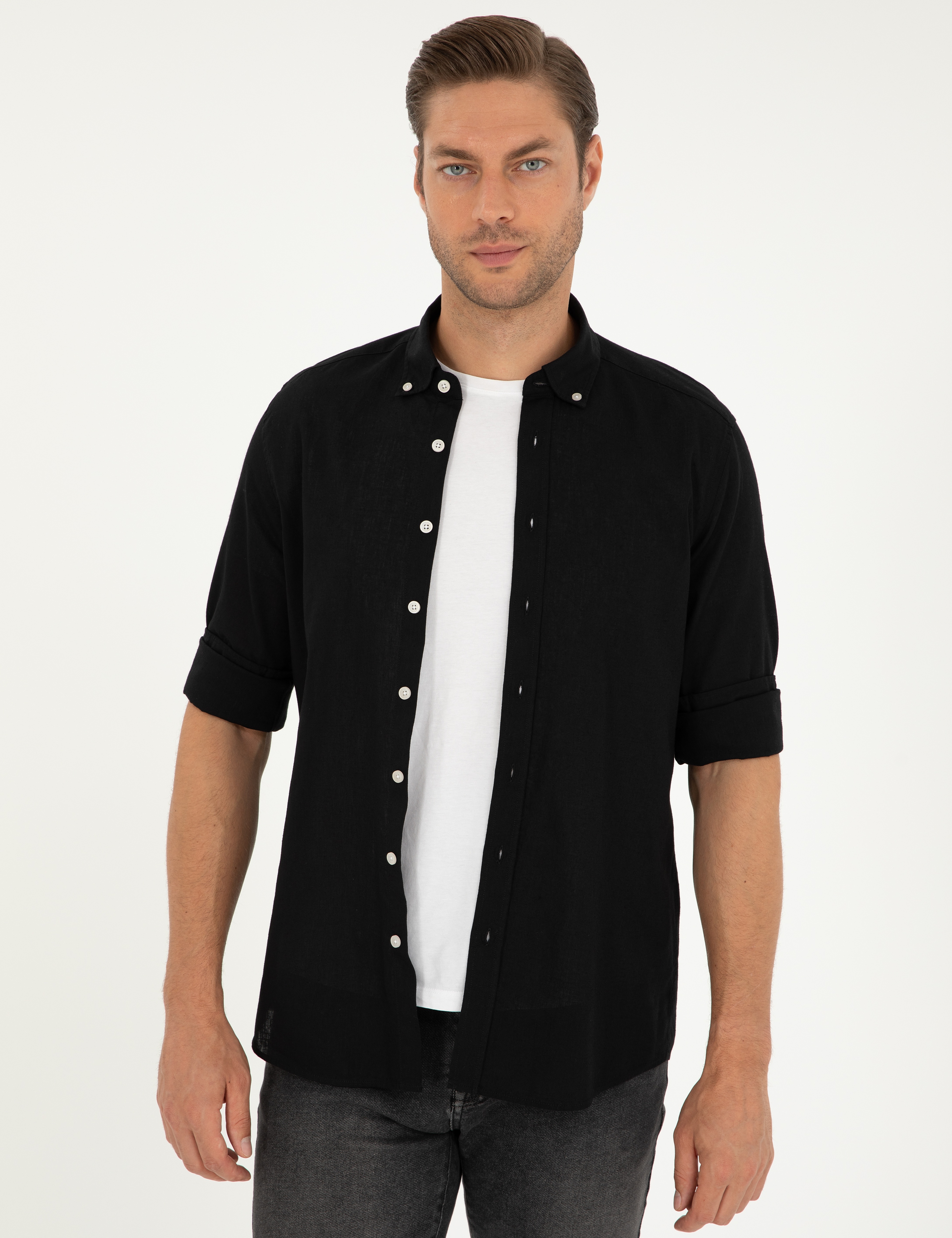 Siyah Keten Karışımlı Regular Fit Uzun Kollu Gömlek