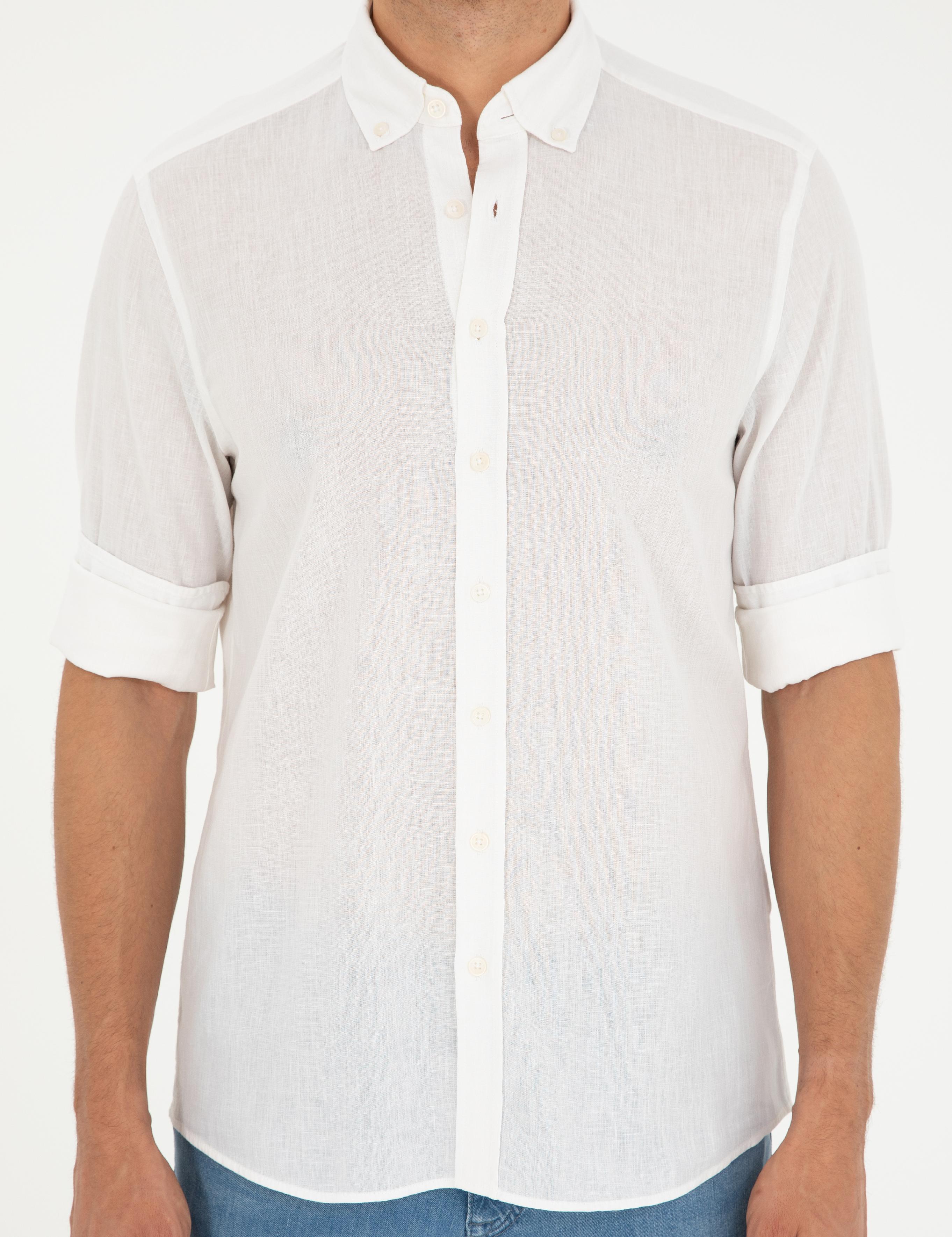 Beyaz Keten Karışımlı Regular Fit Uzun Kollu Gömlek