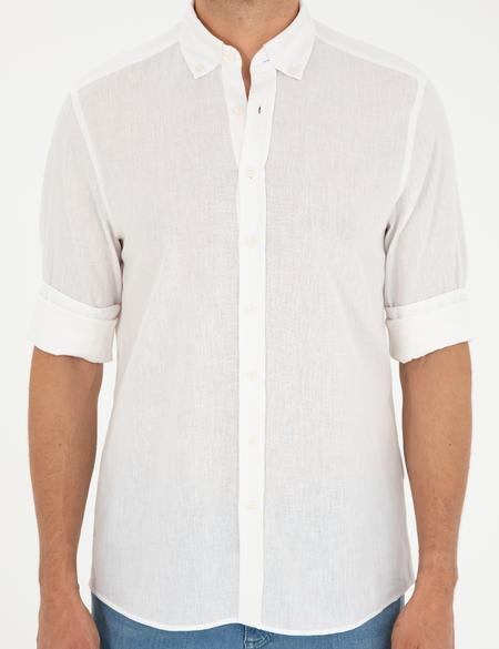 Beyaz Keten Karışımlı Regular Fit Uzun Kollu Gömlek - 50289413019