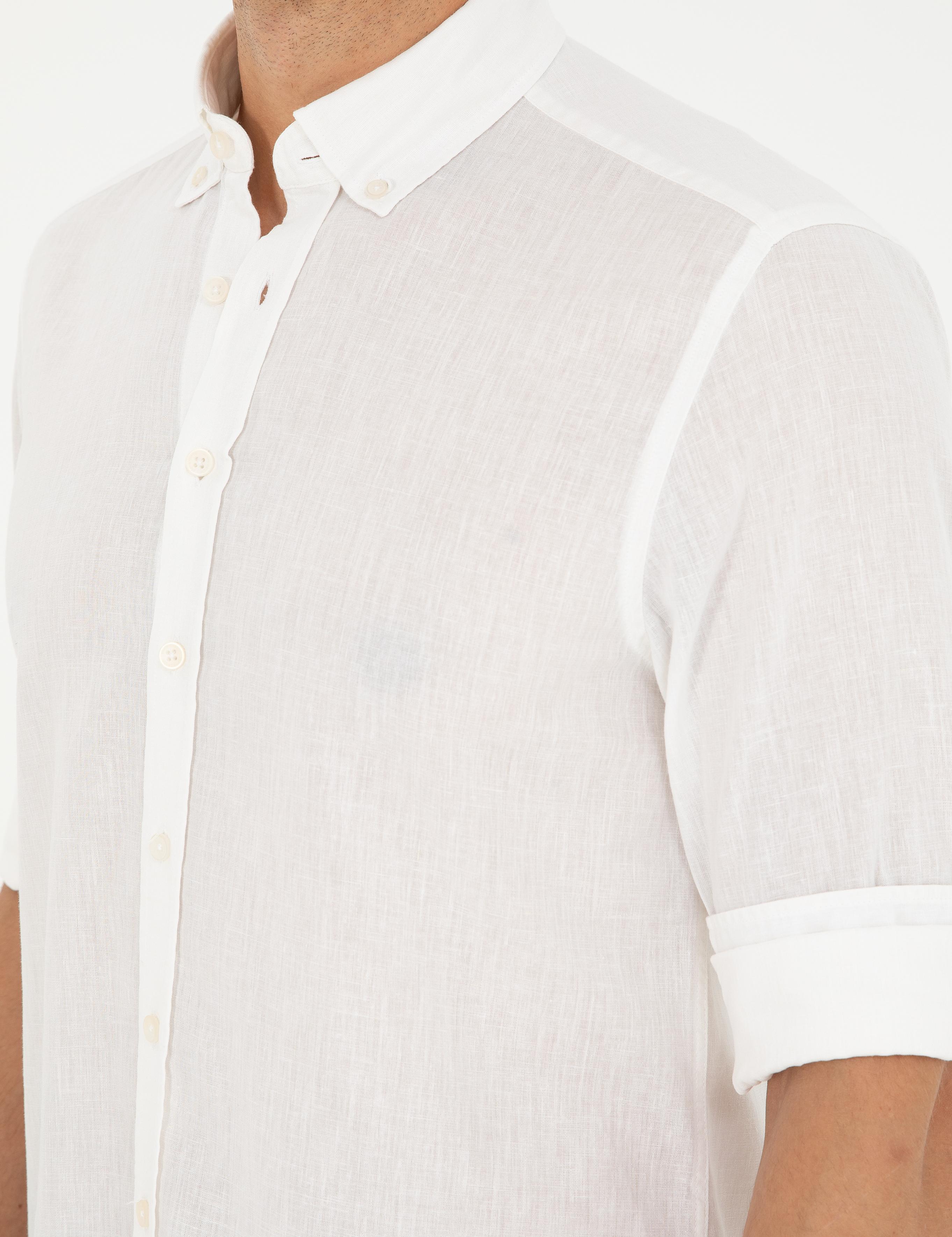 Beyaz Keten Karışımlı Regular Fit Uzun Kollu Gömlek