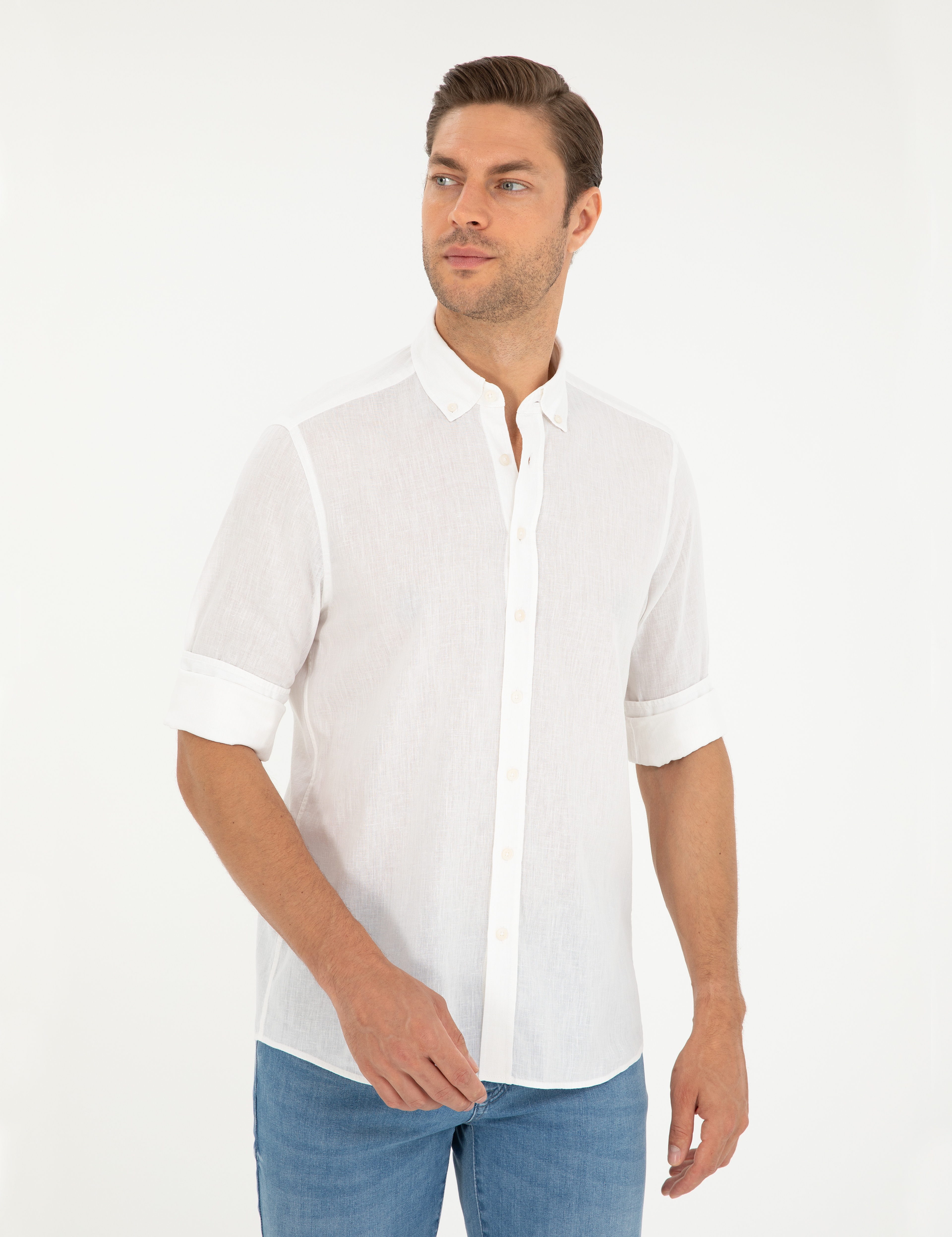 Beyaz Keten Karışımlı Regular Fit Uzun Kollu Gömlek - Image 3