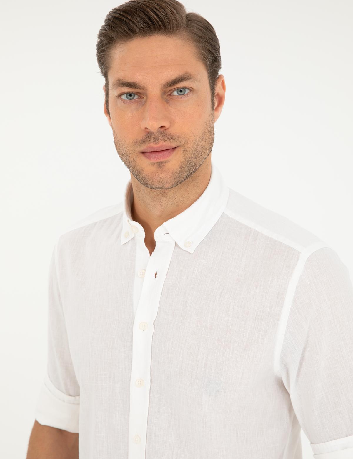 Beyaz Keten Karışımlı Regular Fit Uzun Kollu Gömlek - 50289413019